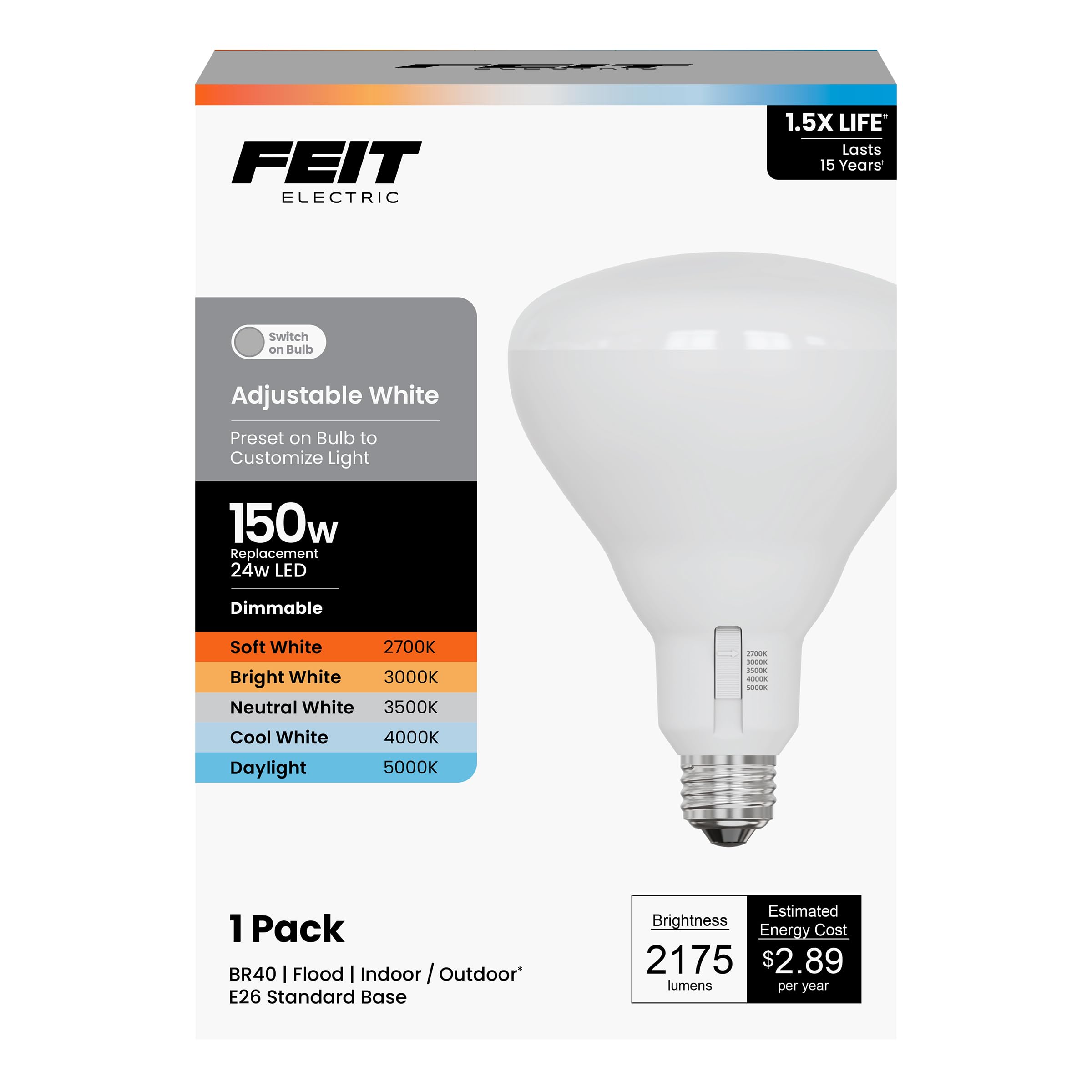 Feit Electric BR40150DM5CCTCA15K Ampoule LED BR40 équivalente à 150 W Intensité variable 5CCT Culot E26 90 CRI 2175 lumens Blanc réglable Durée de vie de 13,7 ans