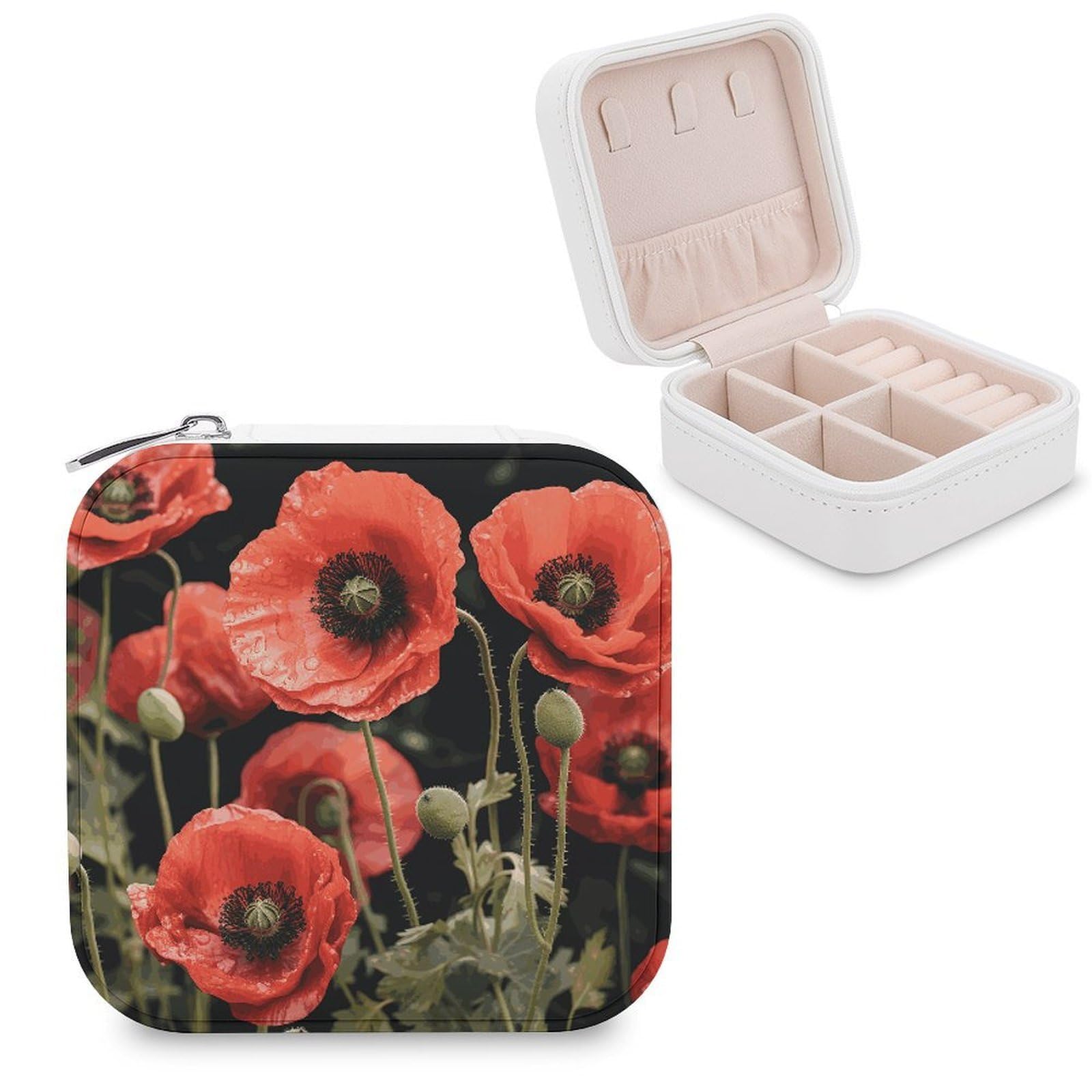 MUSM Red Poppy Flowers Leaves Travel Jewelry Case Personalized PU Leather Jewelry Boxes for Women Small Portable Jewelry Organizer Box Cute Trinket Box for Necklaces Rings Earrings & Gifts