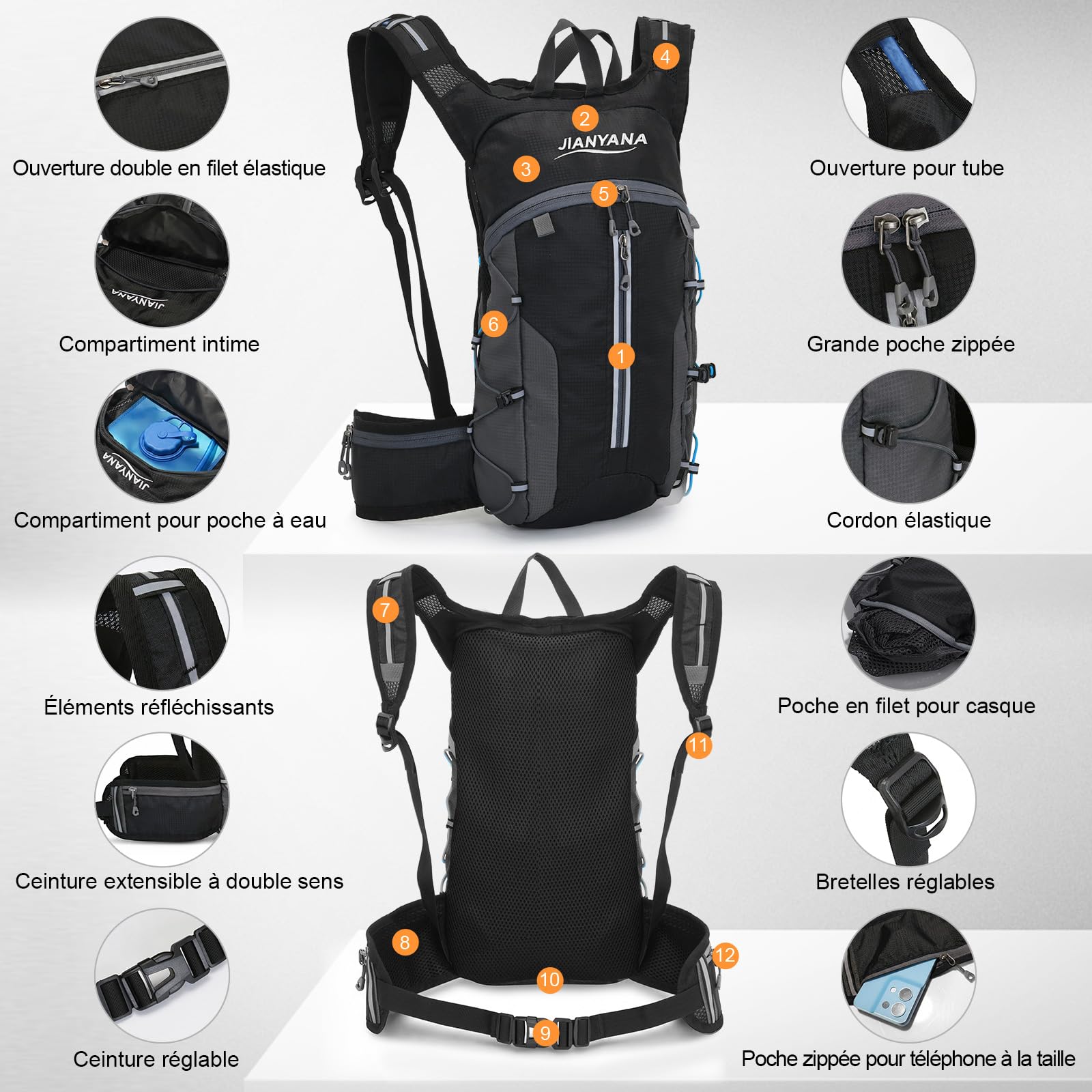 JIANYANA Sac à dos d'hydratation, pliable, noir, 3 l, 550 g, convient pour le cyclisme et la randonnée, noir