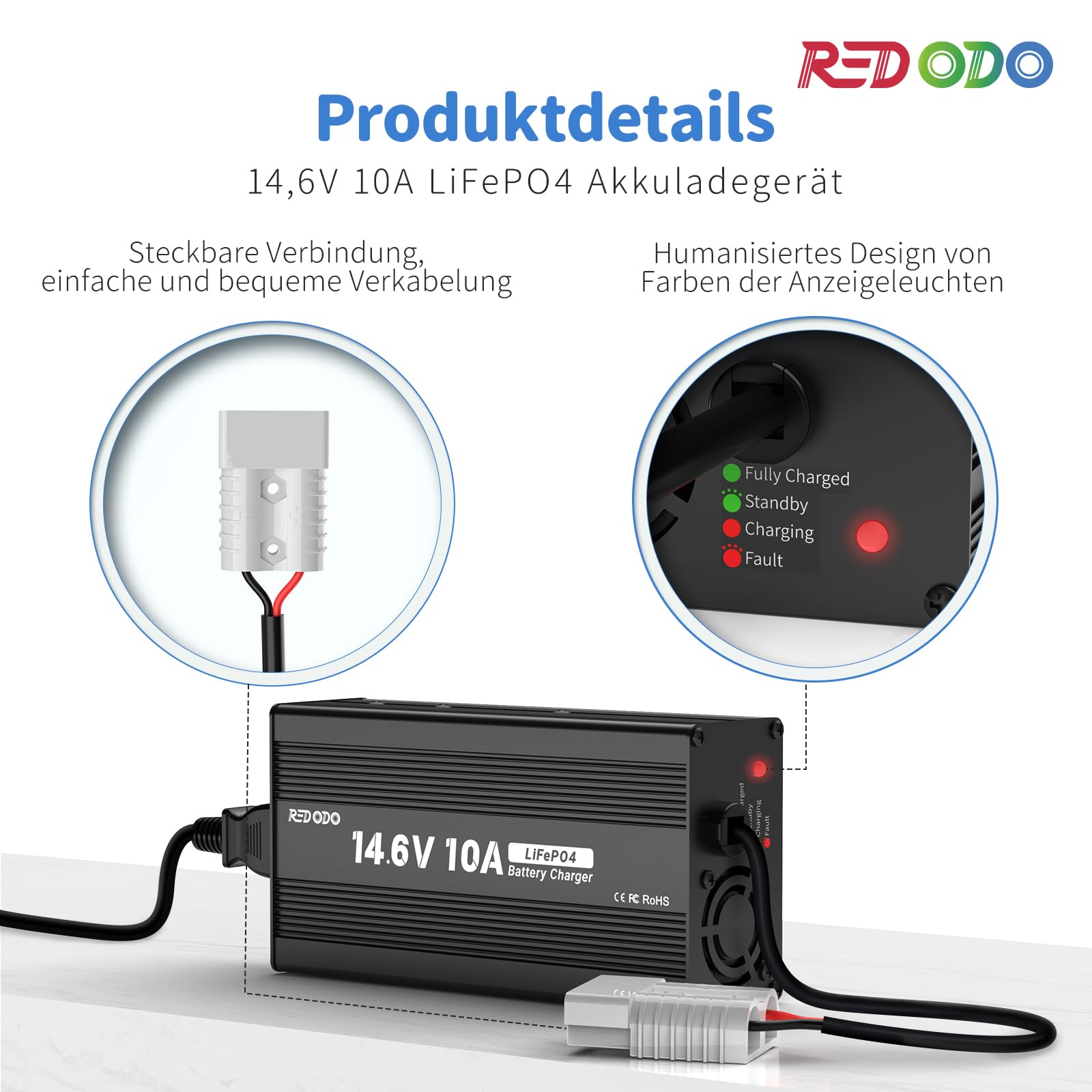 Redodo 14,6V 10A Lifepo4 Cargador de Batería para Baterías Litio Hierro Fosfato, Carga Rápida, Alta Eficiencia de Carga, Diseñado para Cargar Baterías LiFePO4 en Ciclo Profundo
