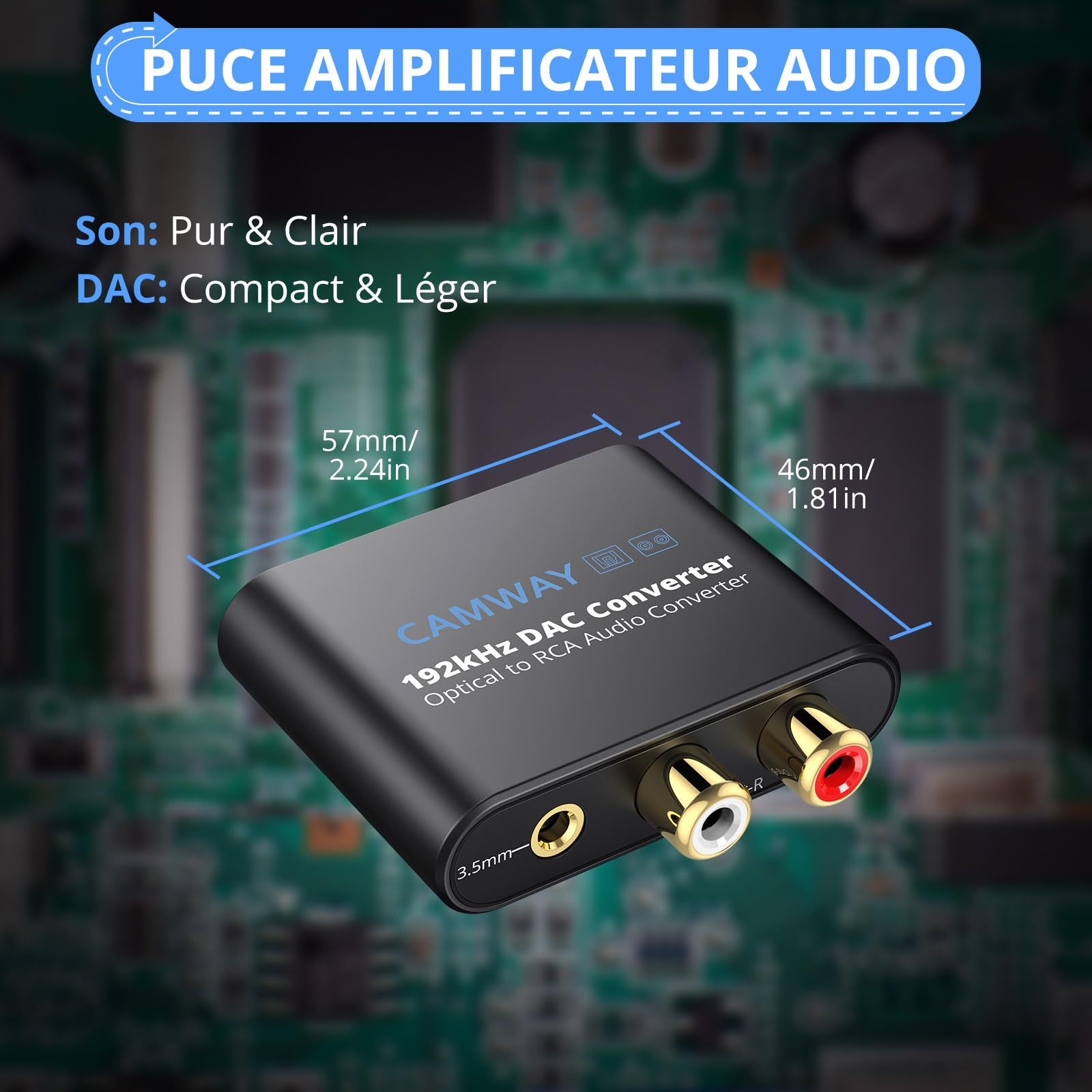 CAMWAY Convertisseur DAC 192kHz SPDIF vers RCA Optique Toslink vers 3.5mm Audio Numérique Analogique