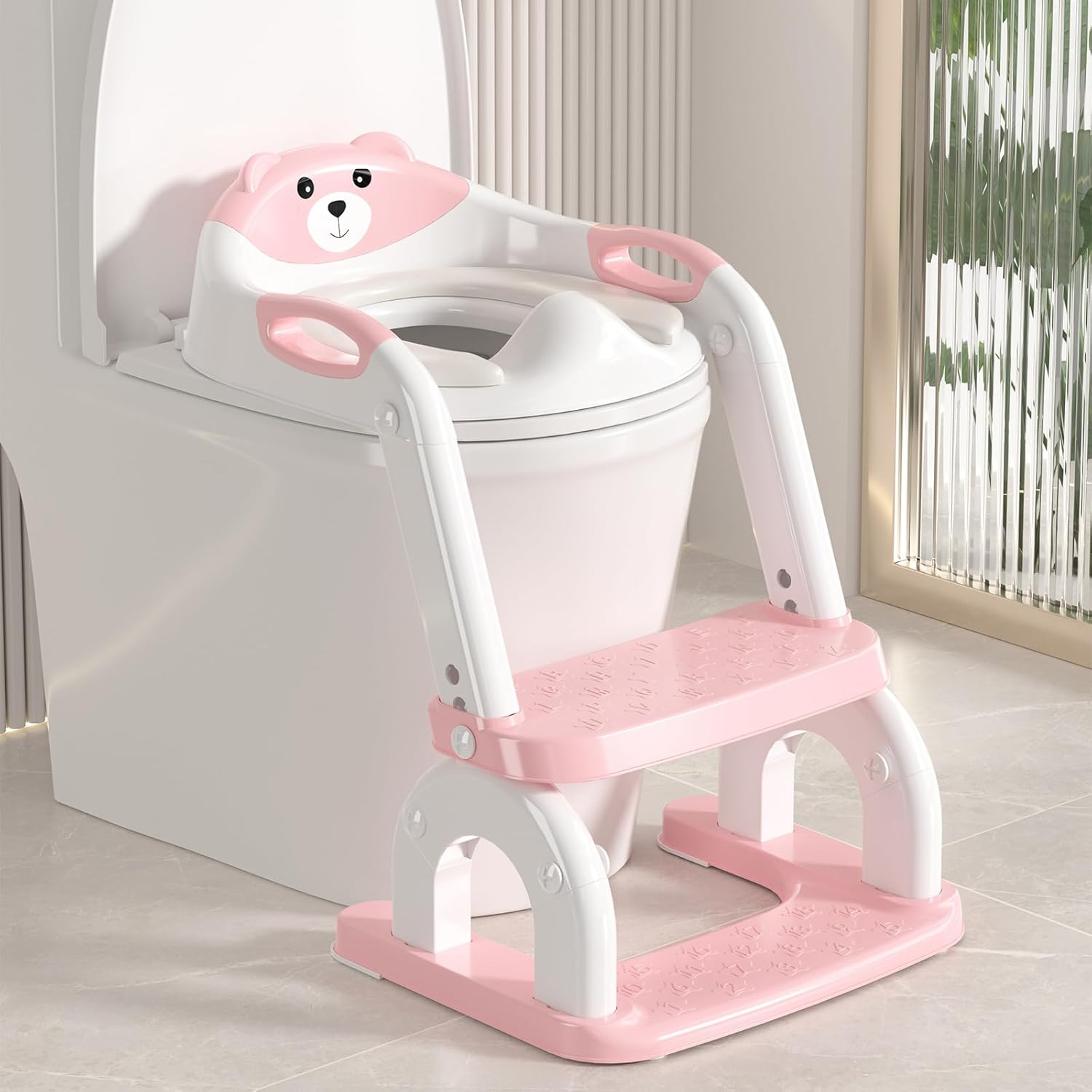 2 in 1 Potty Training Seat with Ladder for Toddler, Upgraded Adjustable Height Potty Training Toilet Splash Guard Anti-Slip Pad Step Stool for Boys and Girls(White and Pink)