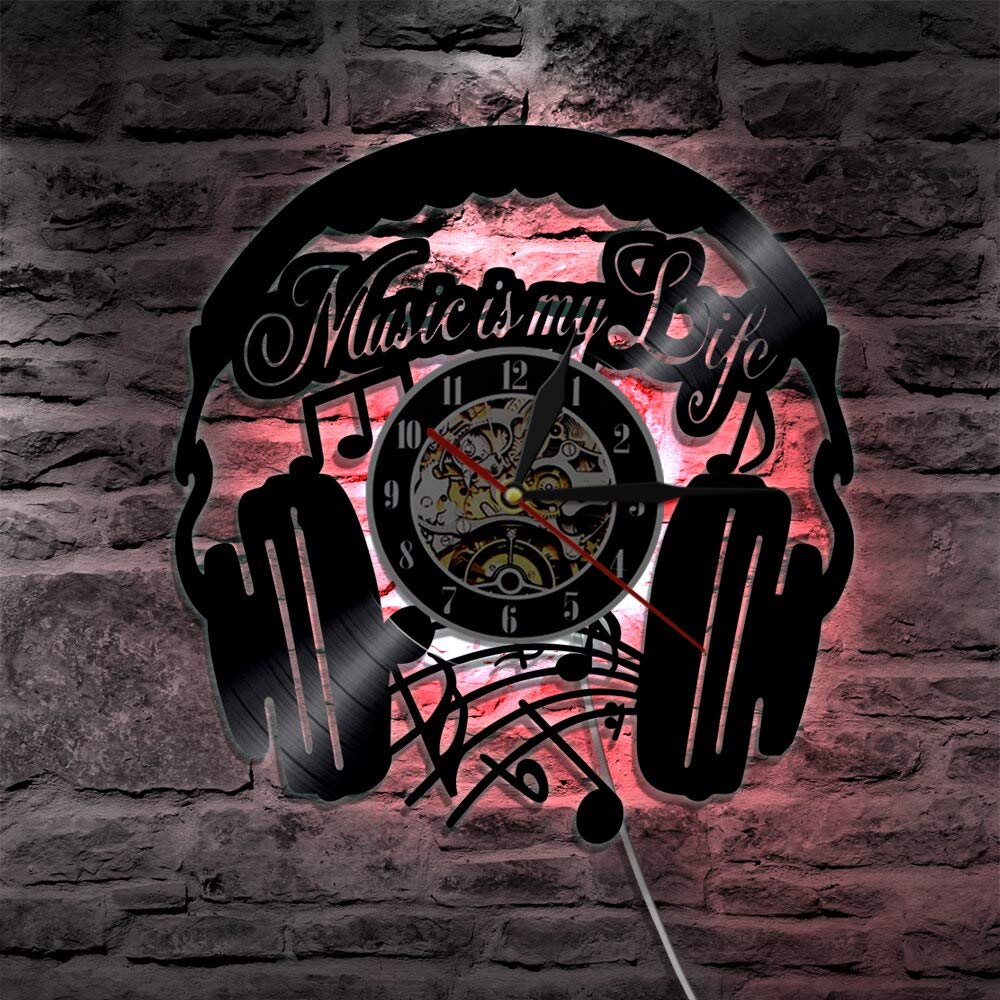 Music Is My Life Orologio da parete con disco in vinile Decorazioni per la casa Orologio da parete Orologio da parete Cuffie Orologi a tempo Appassionati di musica rock Appassionati Idea regalo Diam
