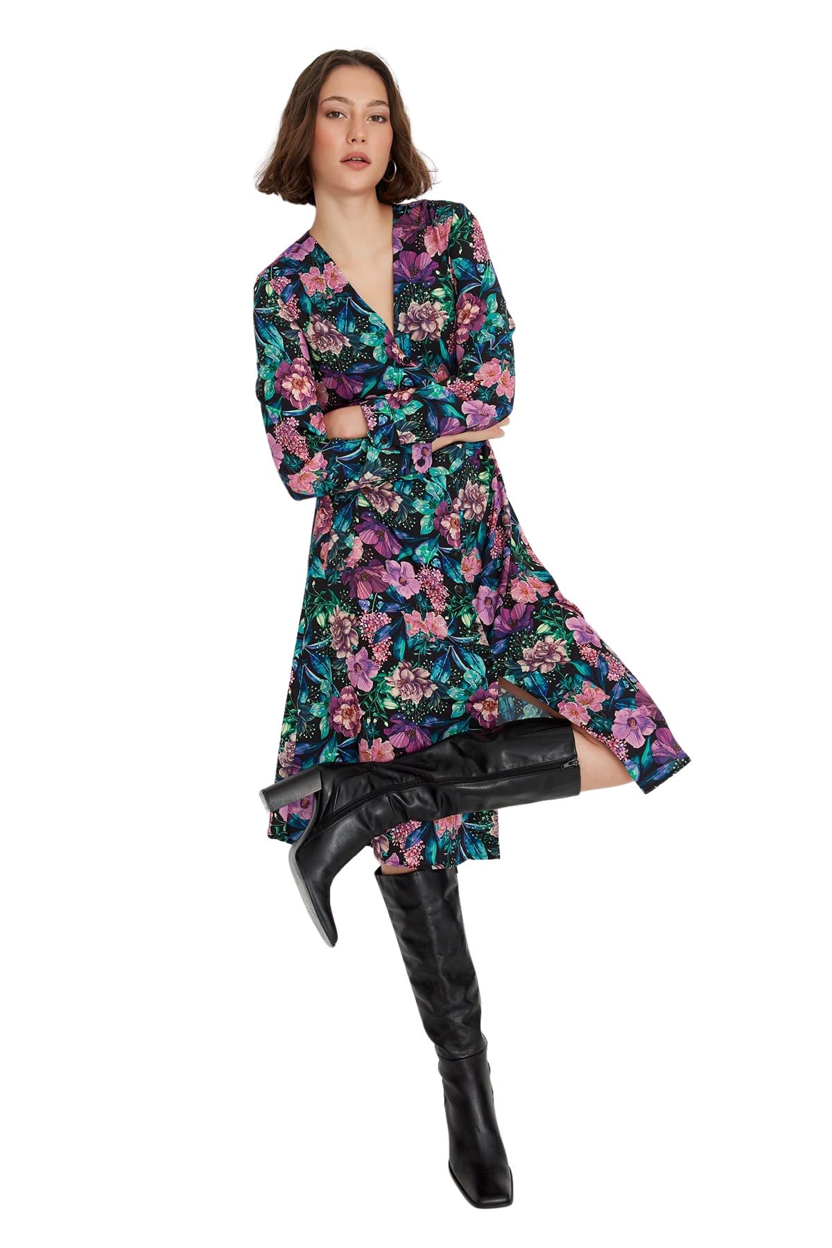 Trendyol Woman Regular Wrapover Double-Breasted Woven Dress Vestido para Mujer