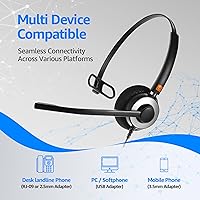 Vista 7 de IPD Auriculares de teléfono IPH-160 con micrófono con cancelación de ruido para oficina y centro de llamadas. Compatible con teléfonos fijos Polycom