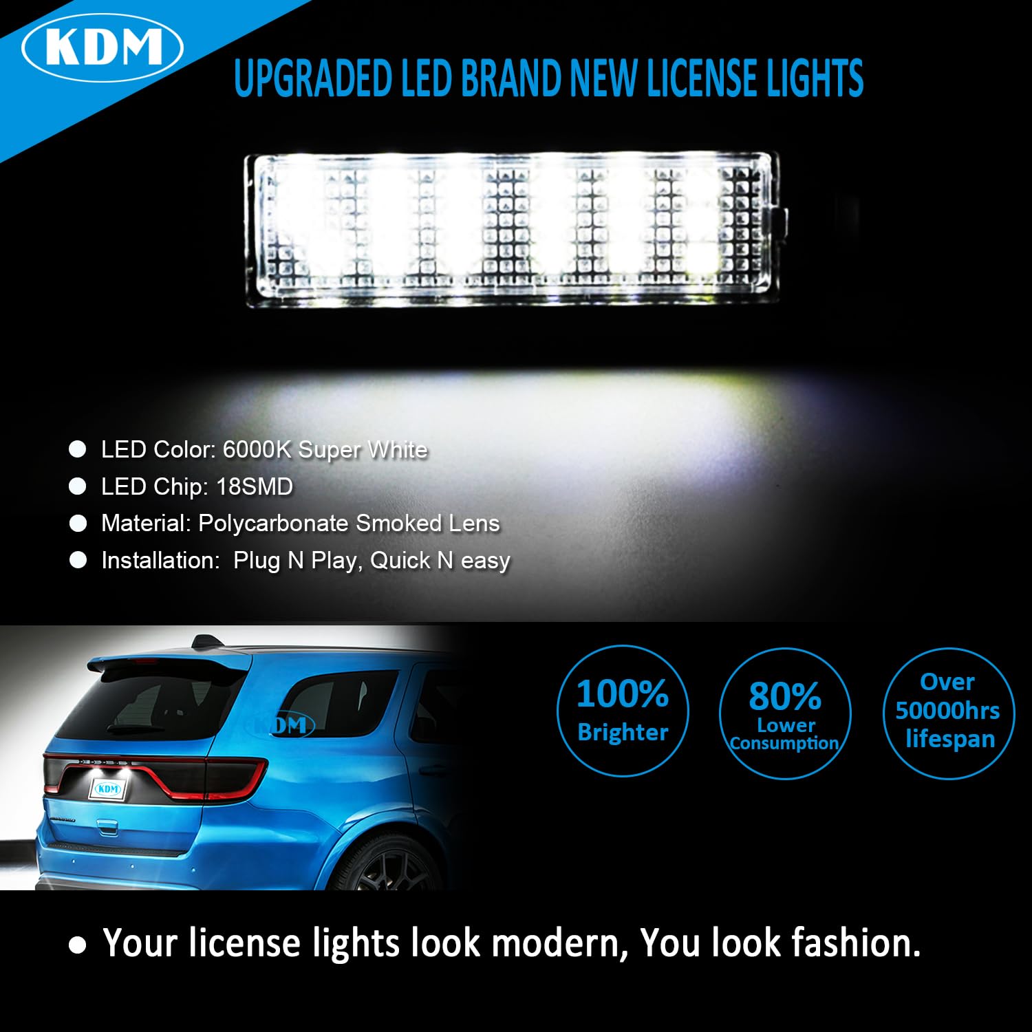 KDM LED License Number Plate Light Assembly Compatible with 2015-2023 Dodge Charger Challenger Chrysler 300 Pacific Je-ep Compass, Rear Bumper Tag Lamp Replacement 6000K Bright White,1Pack