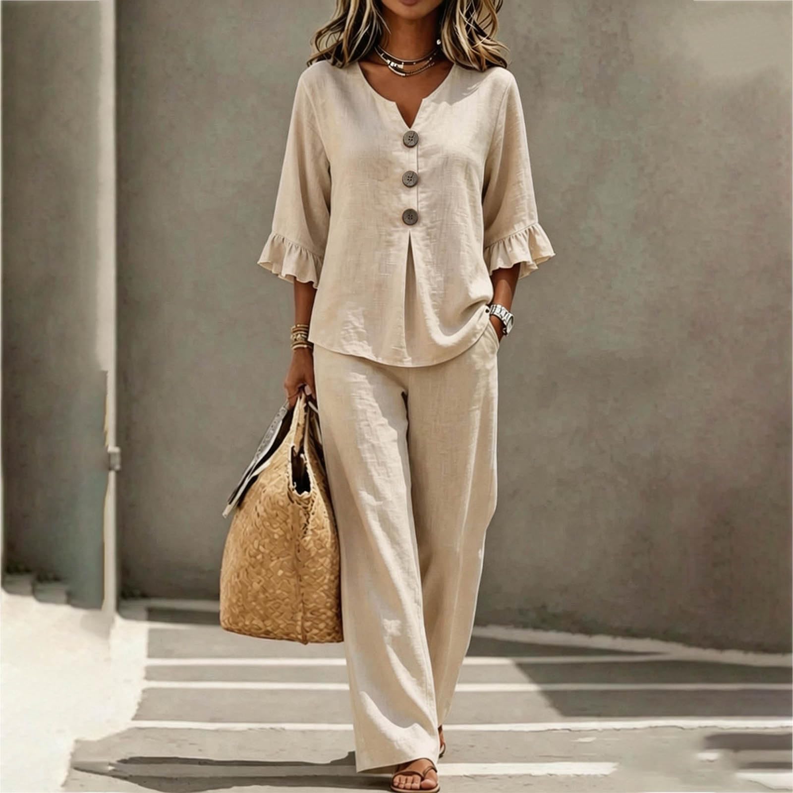 Ensemble Femme Chic et Elegant Deux Pièces Grande Taille Chemise Manches Longues Col V avec Bouton Et Pantalon Ample Taille Elastique Streetwear Outfit Set Léger Décontracté Couleur Unie Loungewear