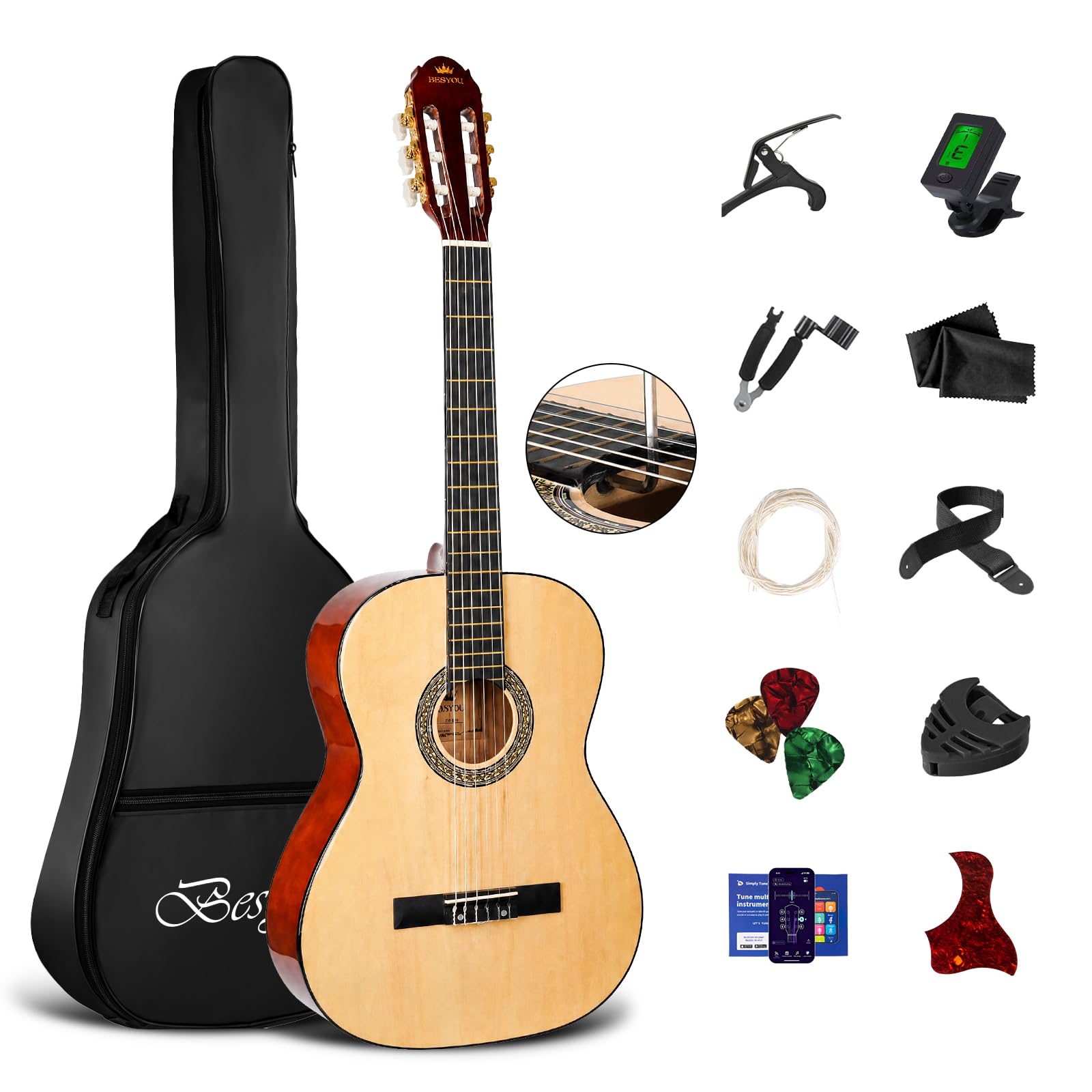 39 inches Beginner Acoustic Guitar Basic Starter Kits Natural Color