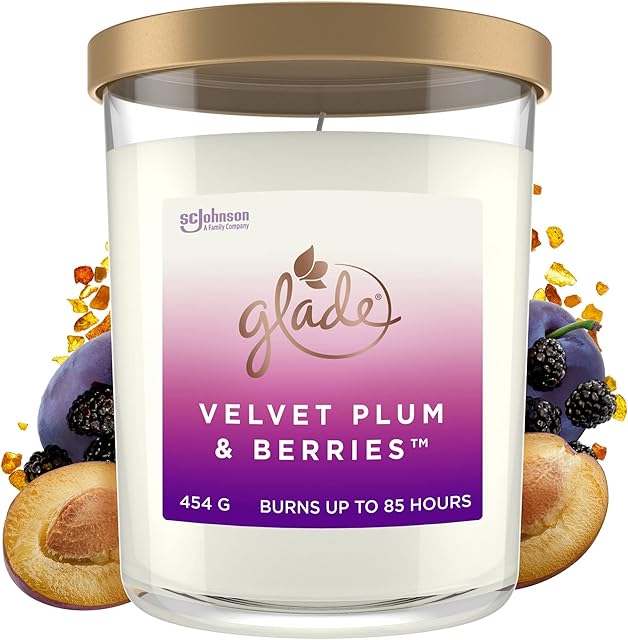 Glade Extra Large Scented Candle, Home Décor Jar Candle Infused with Essential Oils, 85 Hour Burn Time, Velvet Plum & Berries, 454g, Packaging May Vary