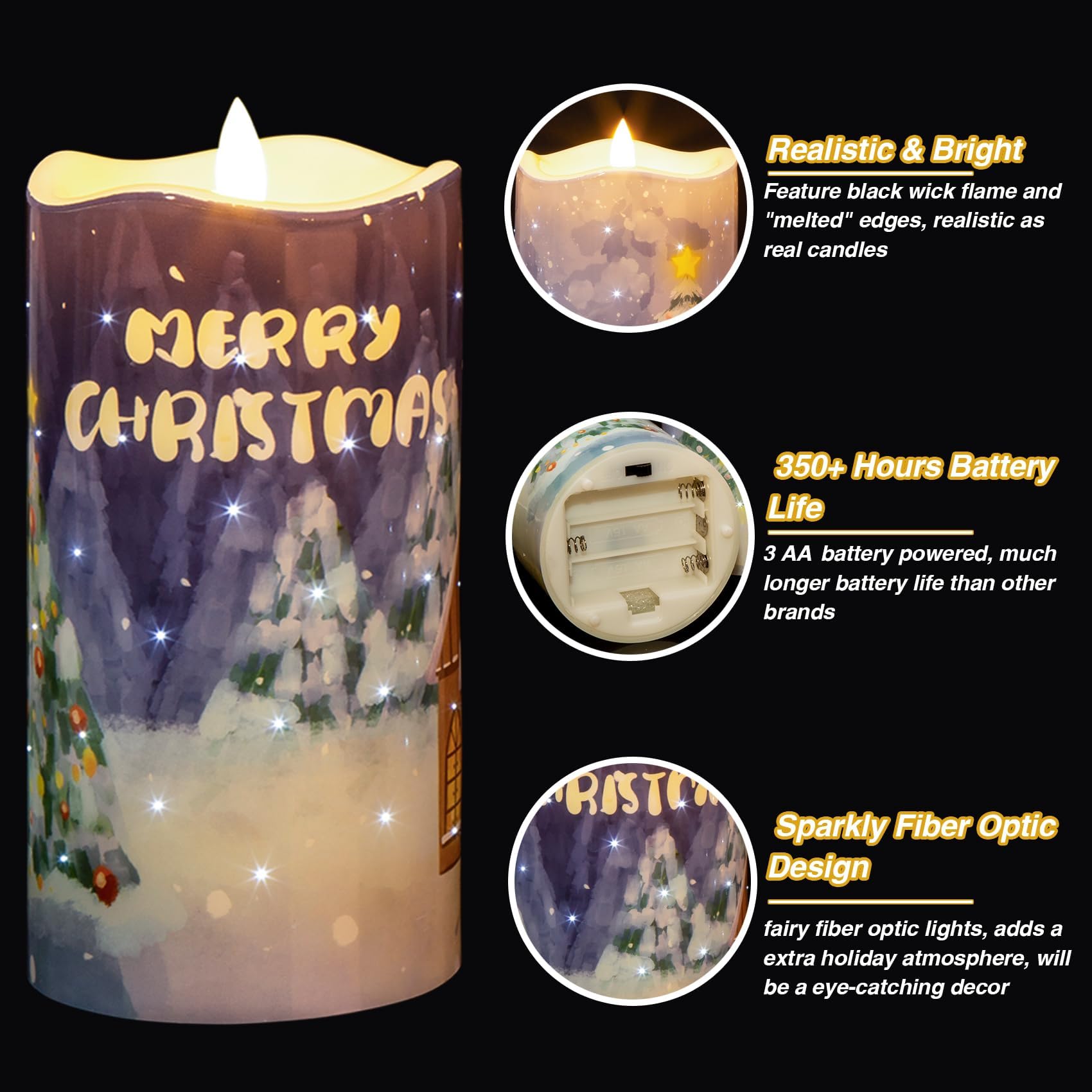 Eywamage Fiber Optic Flameless Candles with Remote, Flickering Battery Operated Christmas LED Pillar Candles Set of 3