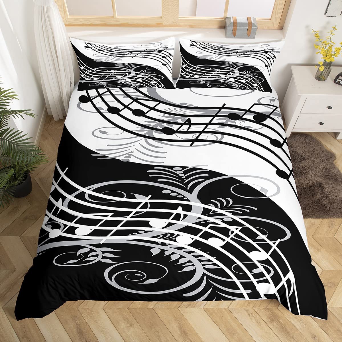 feelingyou Black and White Color Comforter Cover Set for Kids Girls Teens Sheet Music Pattern Microfiber Quilt Cover Decorative 2Pcs Bedding with 1 Pillowcase Single (53 inchx79 inch)