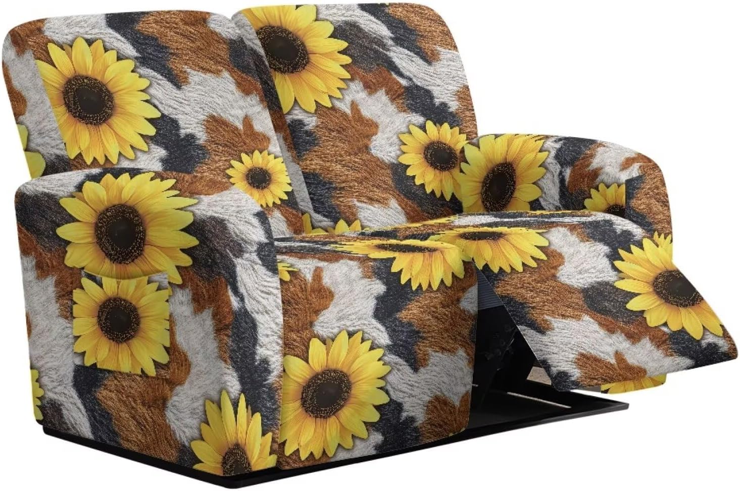 Cow Print Reclining Loveseat Cover with Straps Bottom, Sunflower Two Seat Recliner Couch Cover Leakproof Washable Lazy Boy Recliner Slipcovers Easy to Install