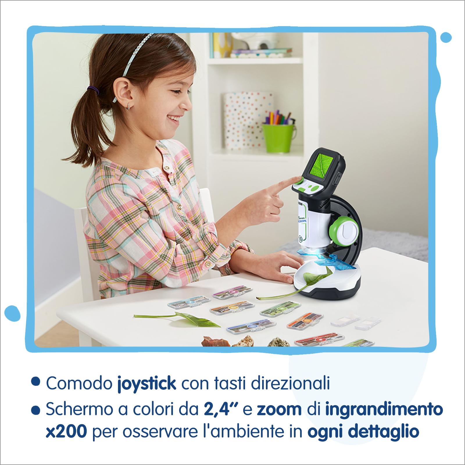VTech Video Microscopio Interattivo, Microscopio Bambini Digitale con Video Originali BBC, Schermo 2,4", Zoom 200x, 9 Vetrini Illustrati, Slot MicroSD, Lingua Italiana, Batterie Incluse, 7-99 Anni