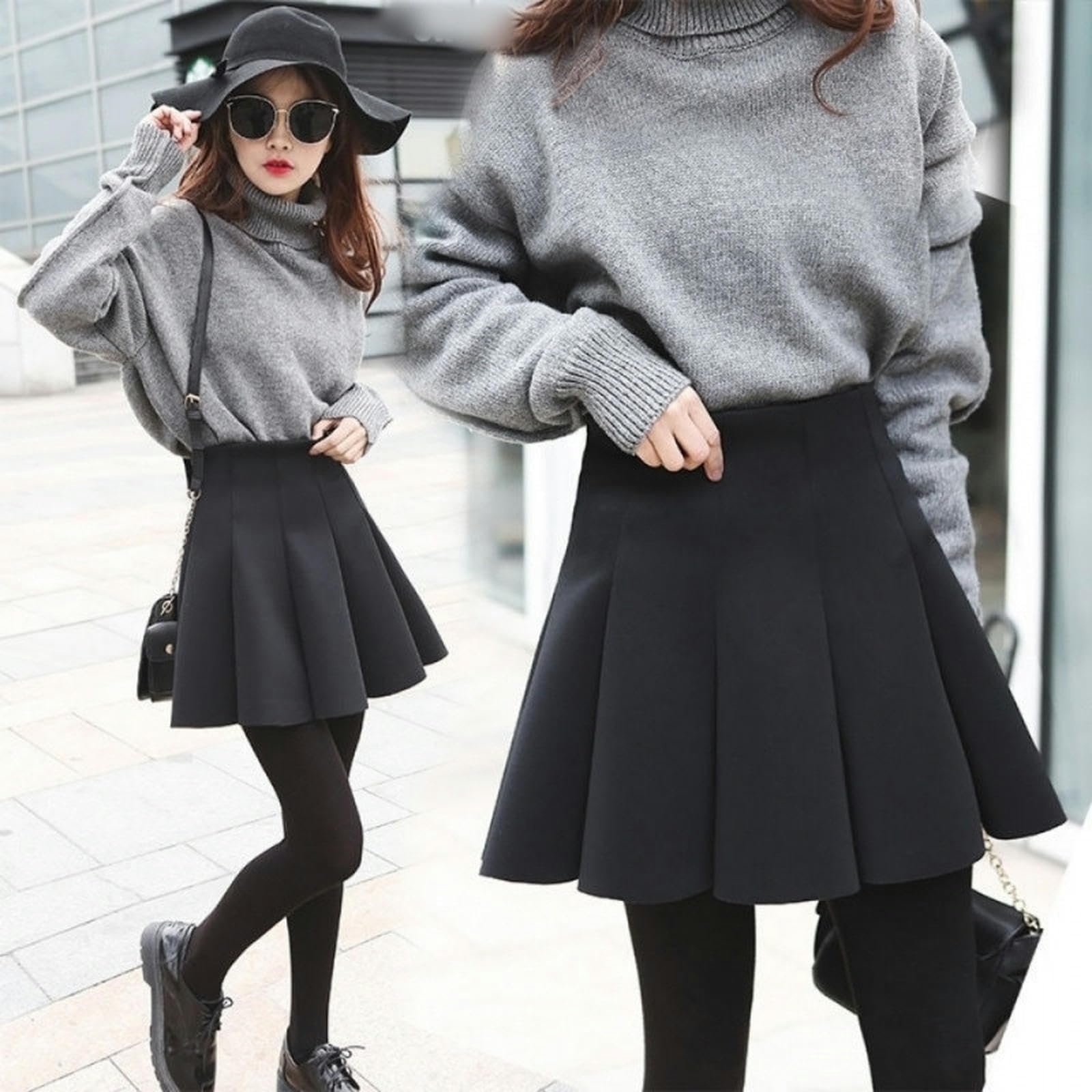 Gonna Gonna Corta Donna Autunno E Gonna Inverno Gonna Gonna Pieghettata di Grandi Dimensioni Gonna in Vita Alta-Nero-XXL