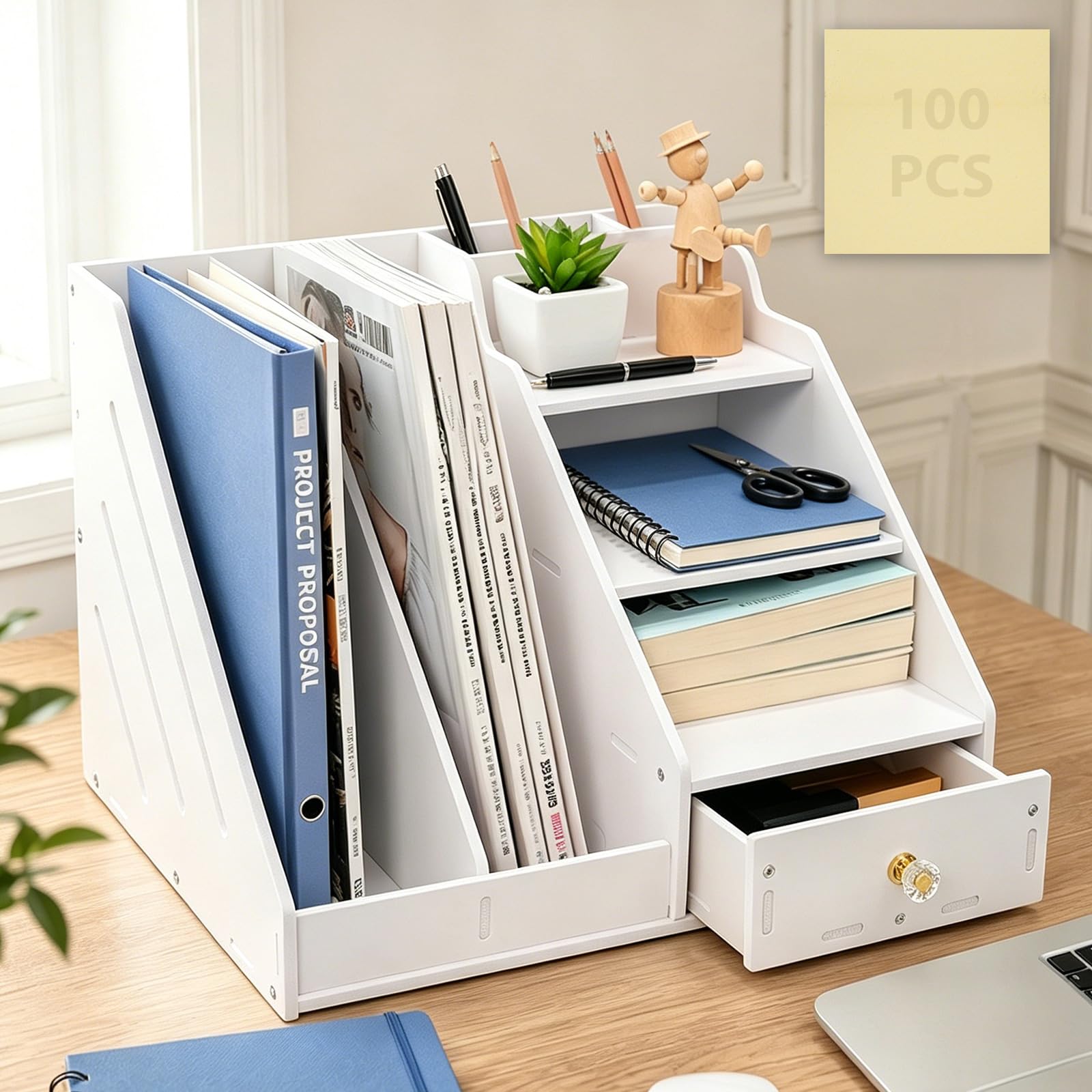 3-Tier Office White Letter Tray Desk Tidy Organiser A4 File Holder Paper Sorter with Vertical Horizontal Letter Rack with Drawers, All in One Desktop Organiser for Home School Office Storage