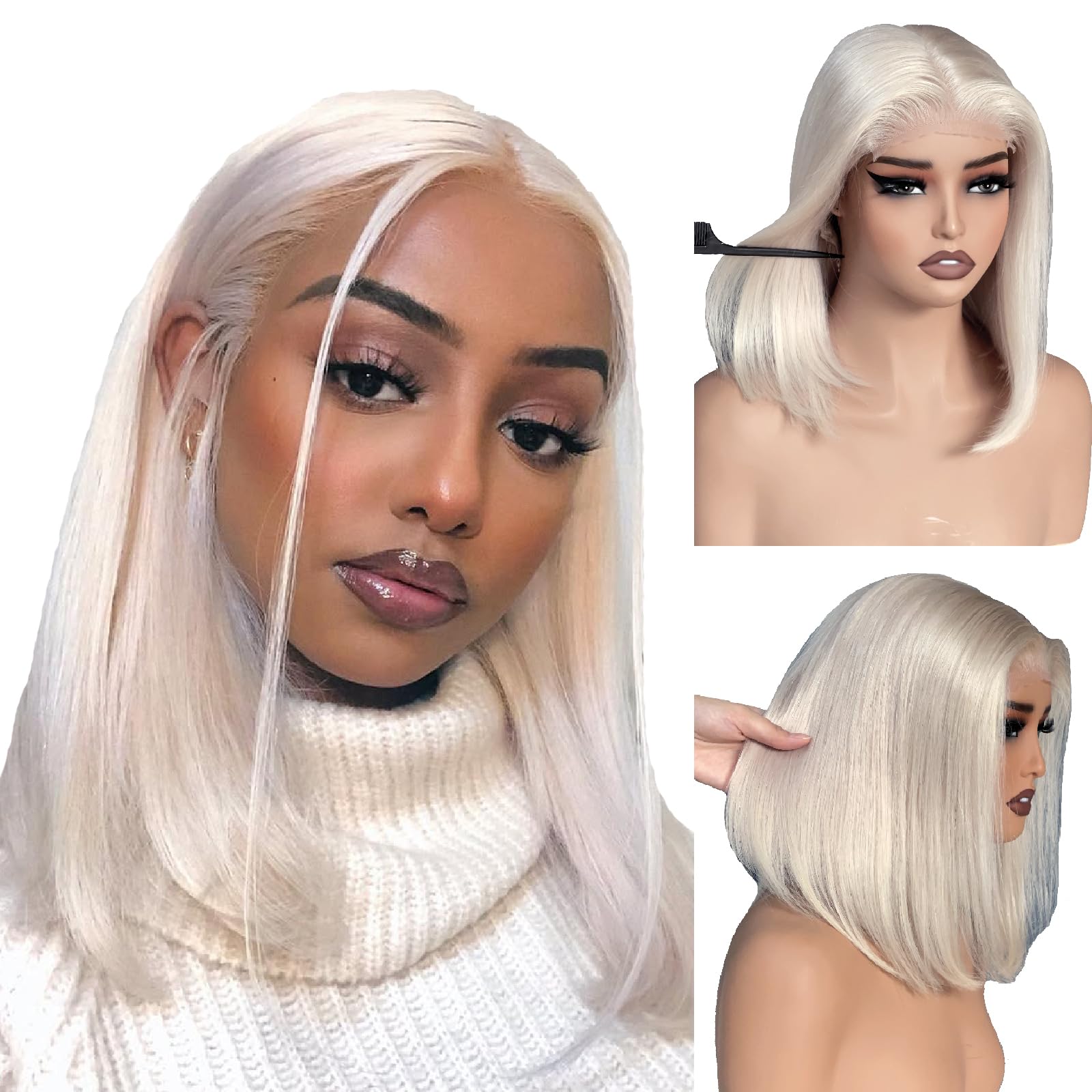 Msviki Platinum Blonde Bob Wigs Short Straight Bob Brazilian Virgin Human Hair Wig Precut UHD Transparent Lace Front Bob Wig Preplucked Ready to Wear