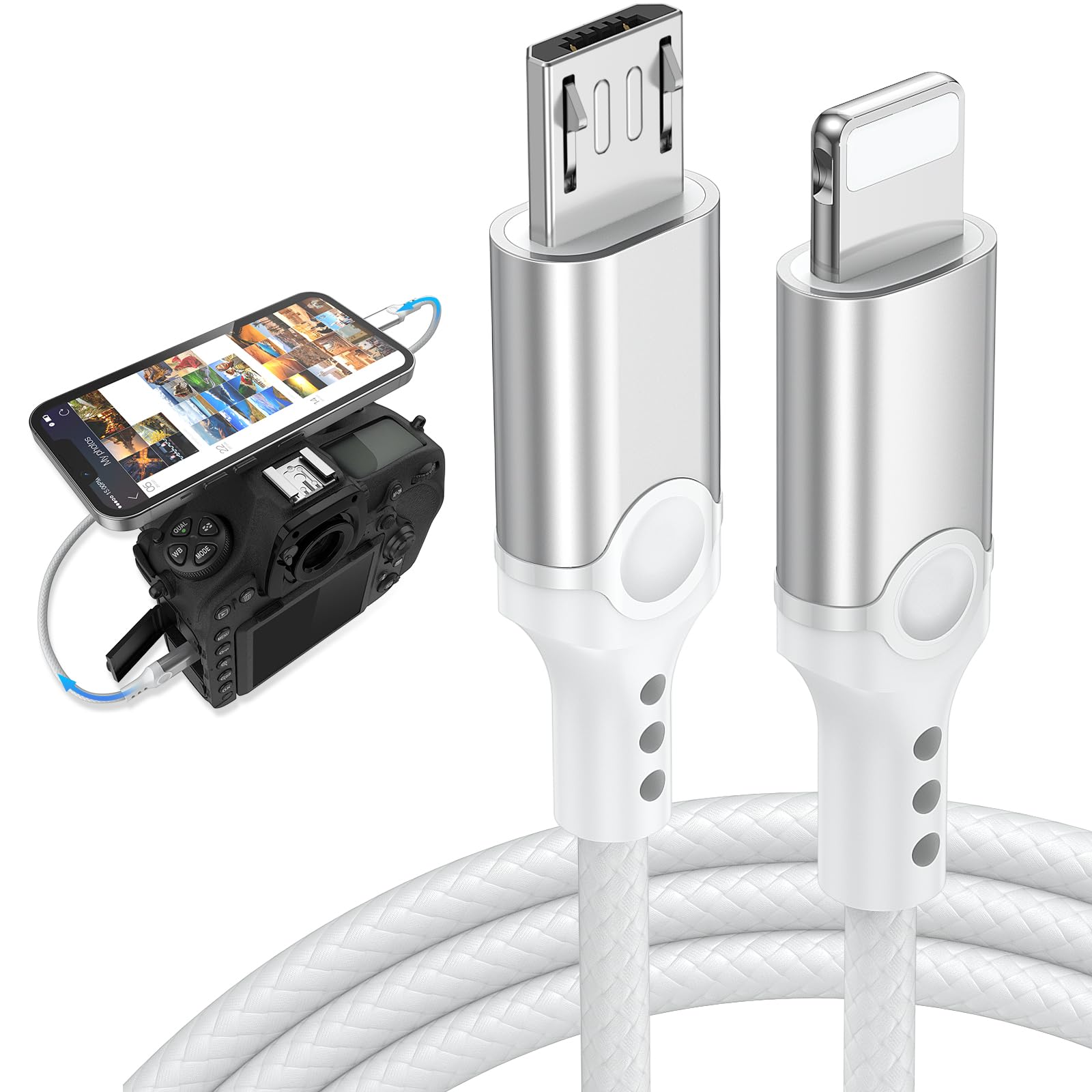 for Lightning to Micro USB Camera Adapter Cable MFi Certified for iPhone 14 13 12 11 XR Import Photo Video, Micro USB DSLR Camera OTG Cable for Canon