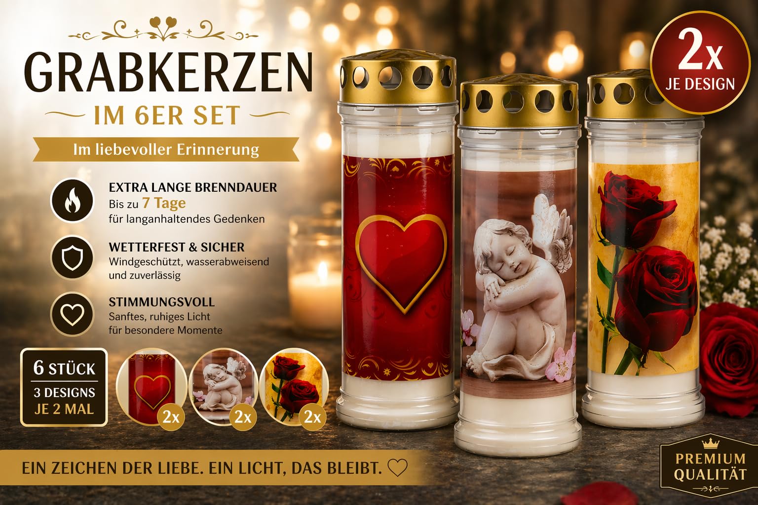 Grabkerzen 6er Set mit Motiv - 7 Tage Brenndauer Premium Friedhofskerze - Grablichter Wetterfest mit Deckel - Gedenklicht Engel Herz Rose - Trauerkerzen Dauerbrenner für Grabschmuck