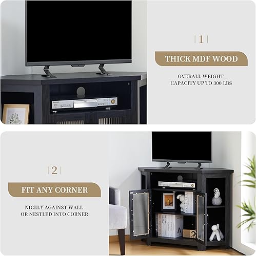 Miniatura 5 de AVZEAR Armario esquinero de TV de granja, color negro, mesa consola multimedia de TV de 44 pies con 2 puertas y estantes ajustables, centro de