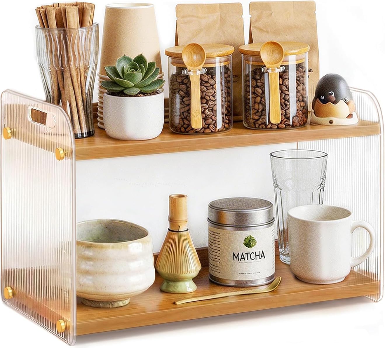 2 Tier Coffee Station Organizer - Acrylic & Pine Wood -15.75" x6.18" x9.37"