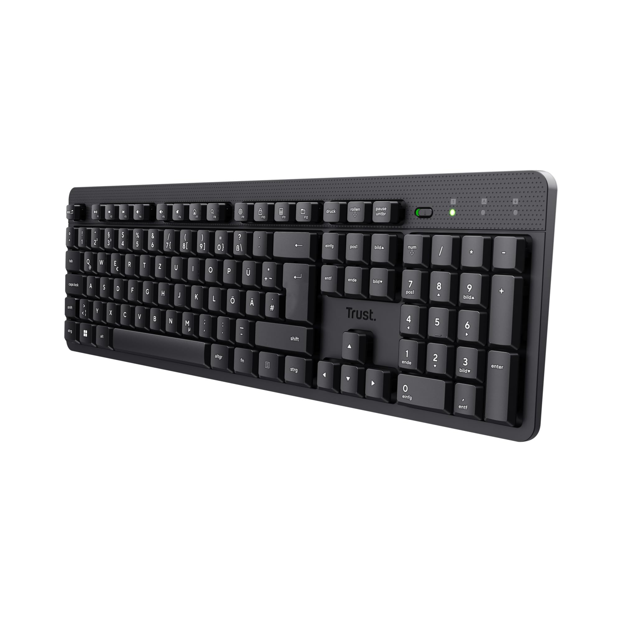 Trust ODY II Leise Tastatur Kabellos Deutsches QWERTZ Layout, Flachen Tasten, Funktastatur Spritzwassergeschützt, RF 2.4GHz USB-Empfänger, Wireless Keyboard PC Laptop Computer Mac - Schwarz