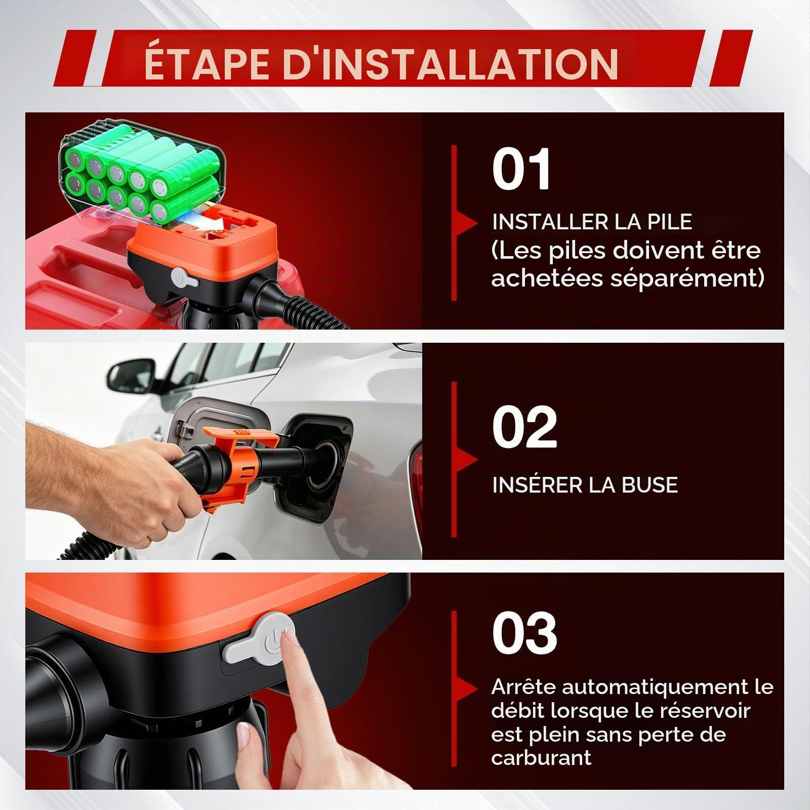Pompe à Carburant Électrique avec Arrêt Auto 12L min, Pompe de Transfert Carburant, Pompe à Gasoil Pompe Essence Électrique, pour Voiture, Tracteur, Motocyclette, Bateau, avec 3 Adaptateurs