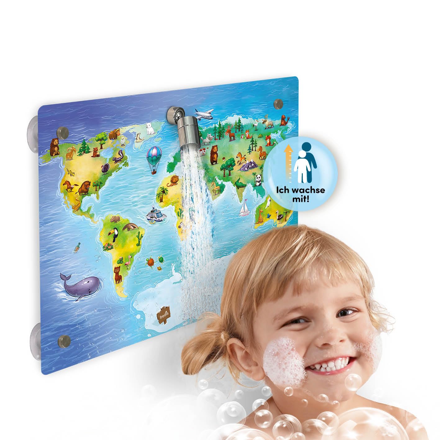 fredis Kinder-Dusche Motiv 'Weltkarte' | Spielerische Wasserabenteuer für Kinder, Montage ohne Bohren, Motiv-Platte mit Duschkopf, Schlauch & 2 Strahlarten | Fördert Selbstständigkeit und Spaß