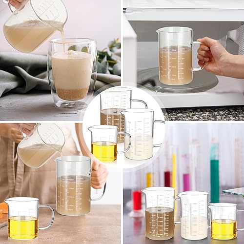 Miniatura 10 de Lallisa Paquete de 3 tazas medidoras de vidrio con asa y boquilla en forma de V, vaso de vidrio de borosilicato alto con 3 escalas (Oz, taza, Ml)