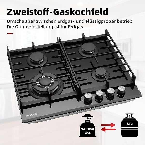 GASLAND GH604BF Butane Hob with 4 Burner Wok, 60cm Black Glass Cooktop, 8000W, NG/LPG Convertible - 3