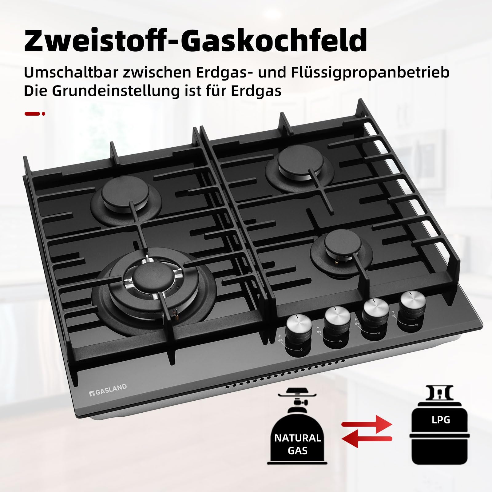 GASLAND GH604BF Butane Hob with 4 Burner Wok, 60cm Black Glass Cooktop, 8000W, NG/LPG Convertible — view 3