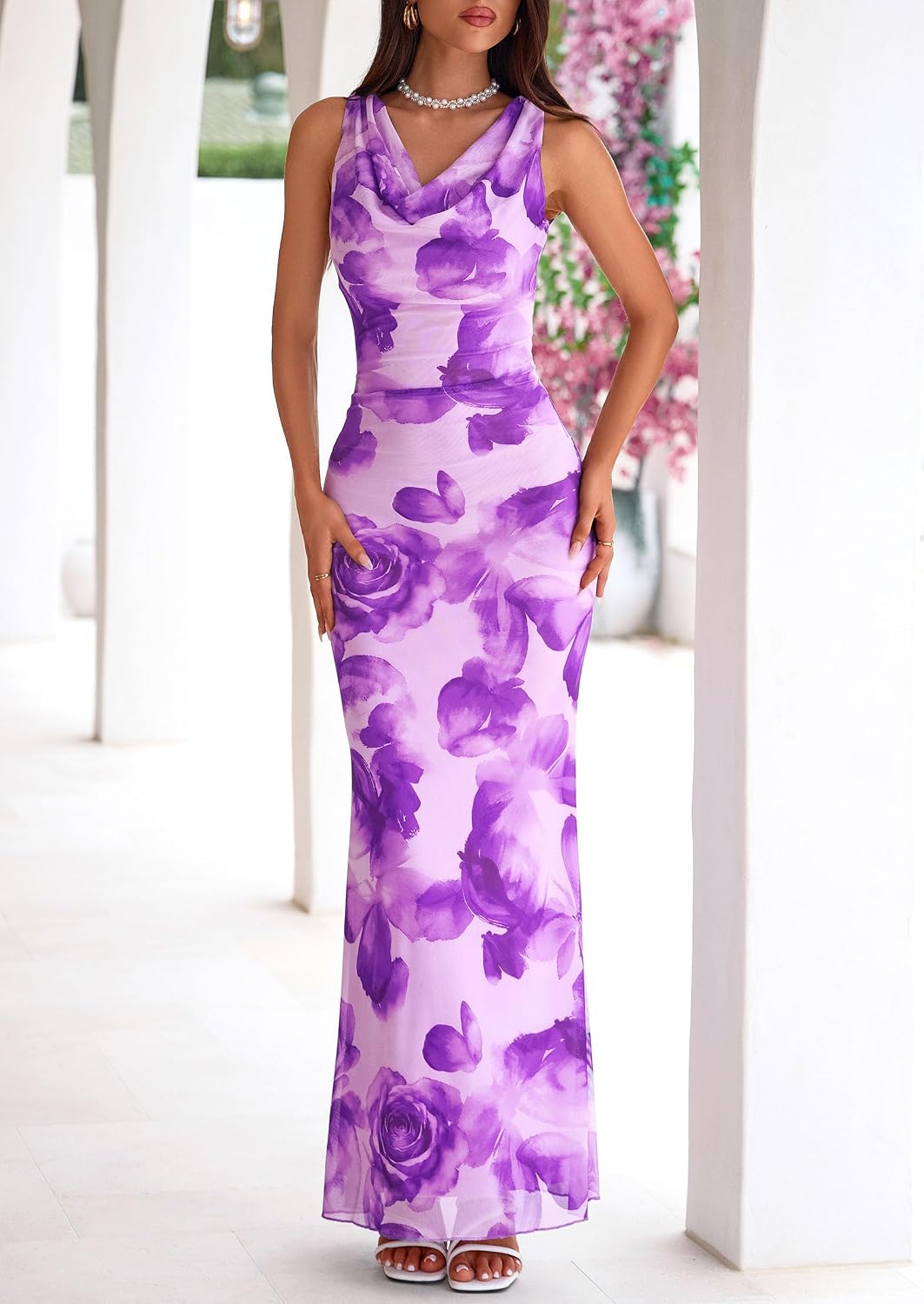 PRETTYGARDEN Women's Floral Maxi Dress 2026 Cowl Neck Summer Vacation Outfits Sleeveless Mermaid Wedding Guest Long Dresses