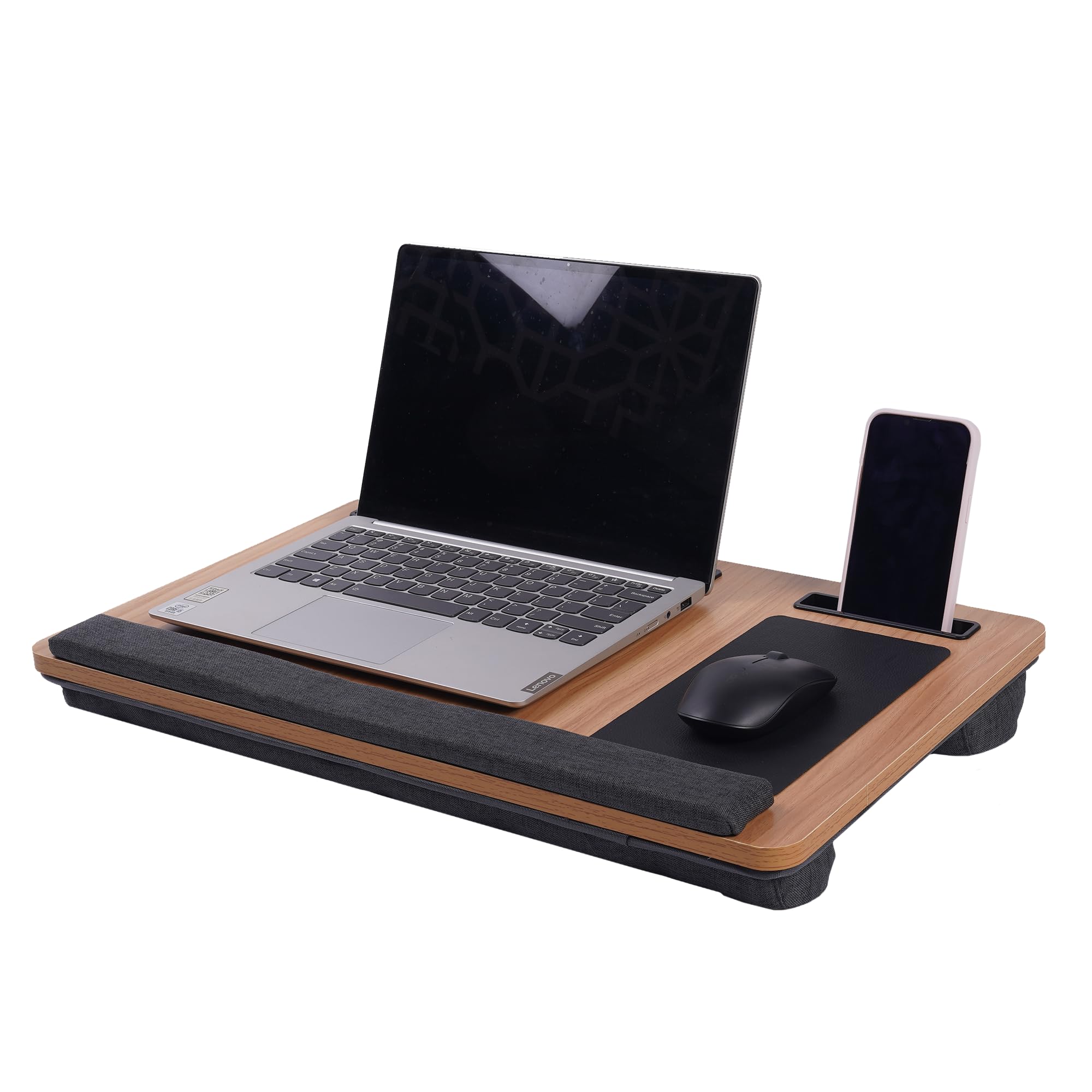 BonKaso Laptop Lap Desk with Mouse Pad, Tablet & Phone Slot, Cushioned Wrist Rest, Airflow Base, Portable Handle, Lightweight Lap Tray for Bed Sofa Couch Table Work Study Gaming - Walnut-image-8