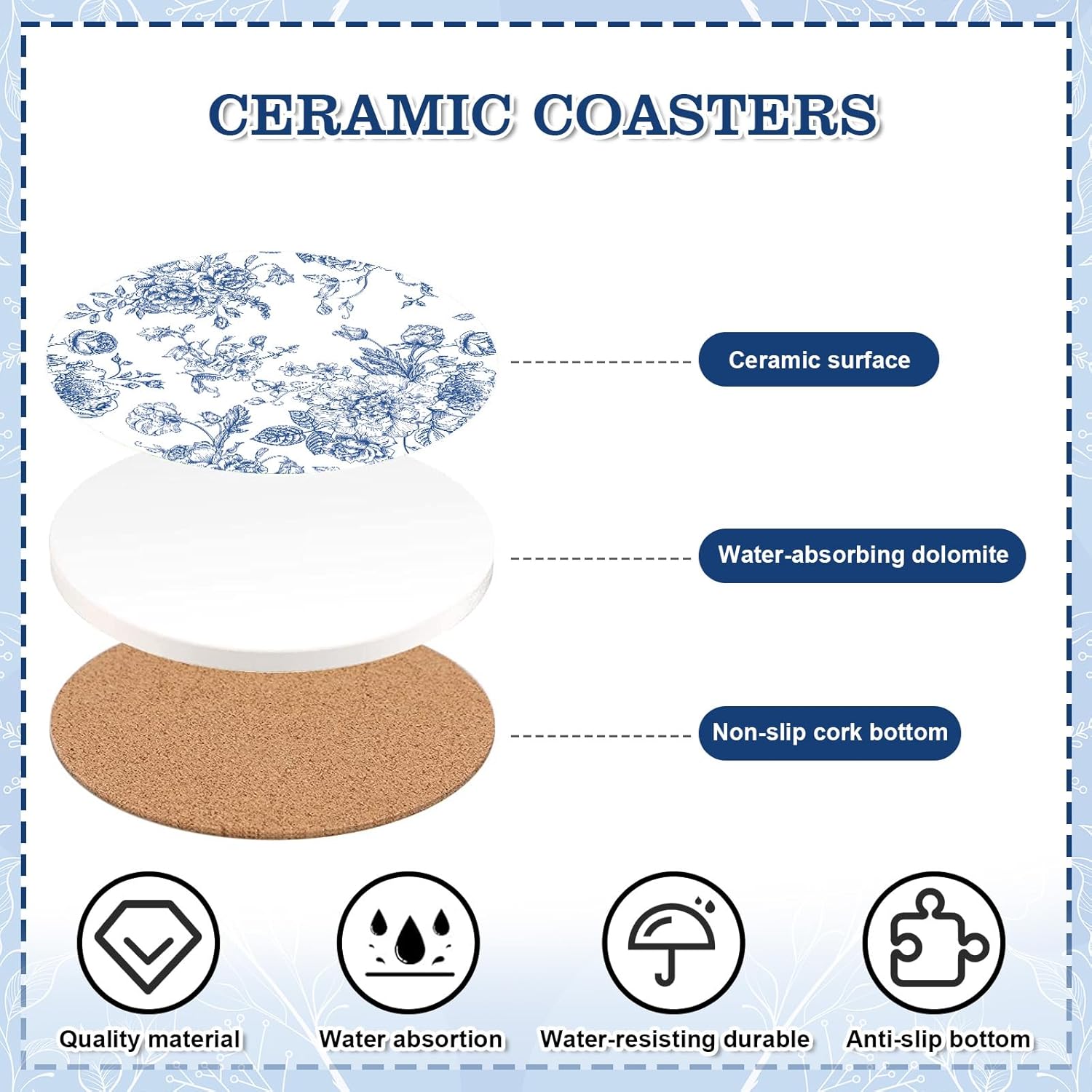 6枚 ホワイトブルーフローラルコースター ヴィンテージフラワー セラミックドリンクコースター 吸水性 シノワズリー カップマット ホ