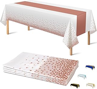 OHOME 4 Pack Disposable Plastic Table Cloths for Parties,White and Rose Gold Rectangle Table Covers for Wedding Birthday Baby Shower Galentines Valentines Pink Christmas Decorations 54