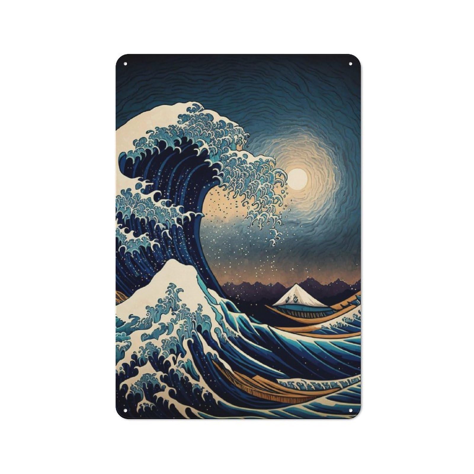 Junmoney Great Wave Off Kanagawa Vintage Metal Plaque 30X20cm, Diner Style Decor For Coffee Bar, Kitchen, Bistro Or Tea Corner