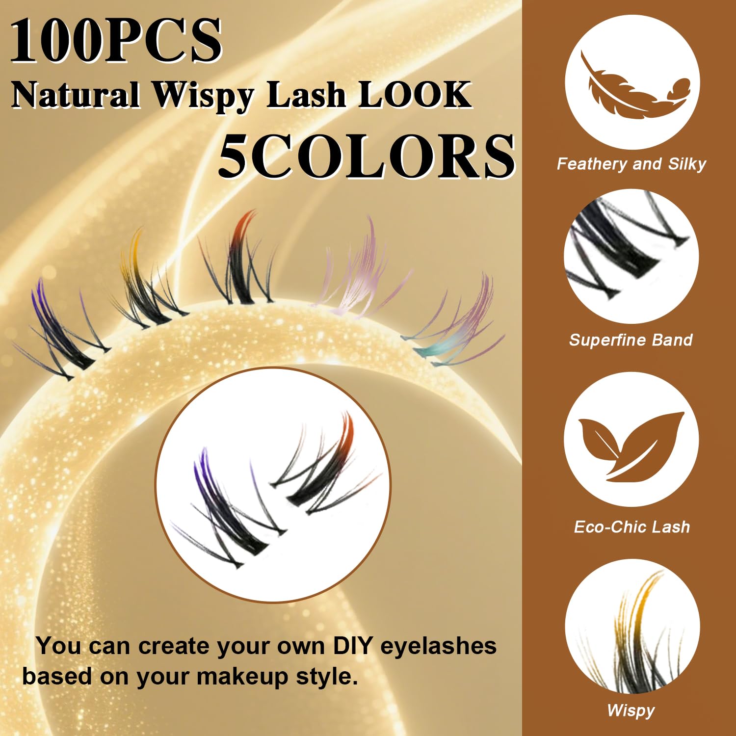 FEEGO Wolkenwimpern mit Farbverlauf, 5 verschiedene Farbverlaufswimpern, 100 Stück, Design Wimpern für jede Veranstaltung, zum Stylen von falschen Wimpern (inklusive doppelseitigem Klebstoff, Pinzette