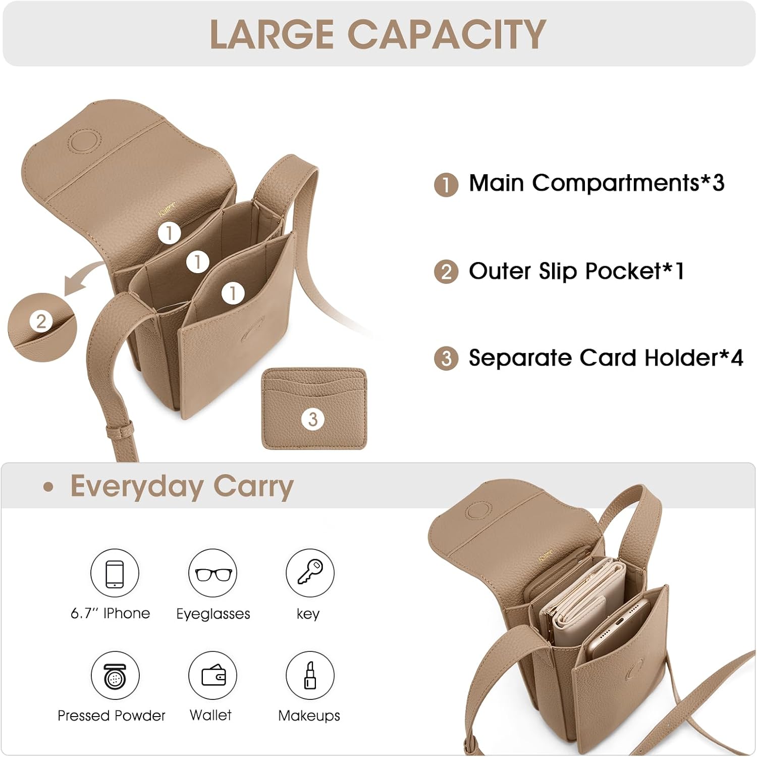 Kattee Leather Crossbody Bags for Women Trendy, Small Phone Purses Wallet Shoulder Handbags Travel with Card Slots
