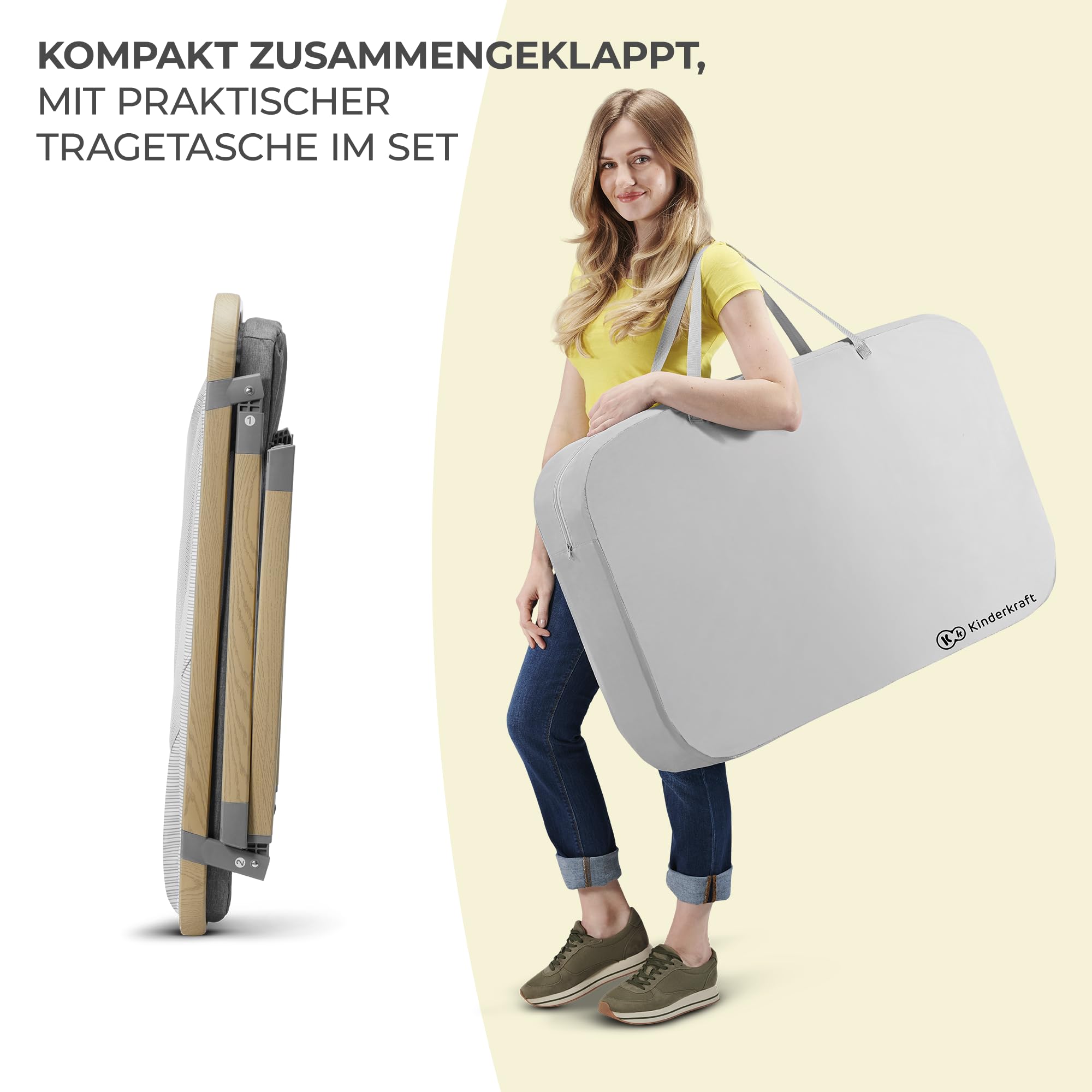 Kinderkraft Kinderreisebett 4 in 1 SOFI, Babybetten, Kinderbett, Baby Zustellbett, Reisebett mit Zubehör, mit Laufgitterfunktion, Modernes Design, Kleine Abmessungen nach Zusammenklappen, Grau
