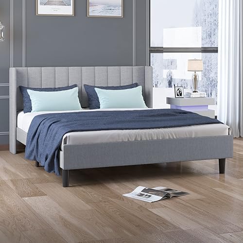 ZAFLY Marco de cama tapizado de lino Queen, marco de cama tamaño Queen con cabecera geométrica moderna con respaldo de alas, soporte de listones de