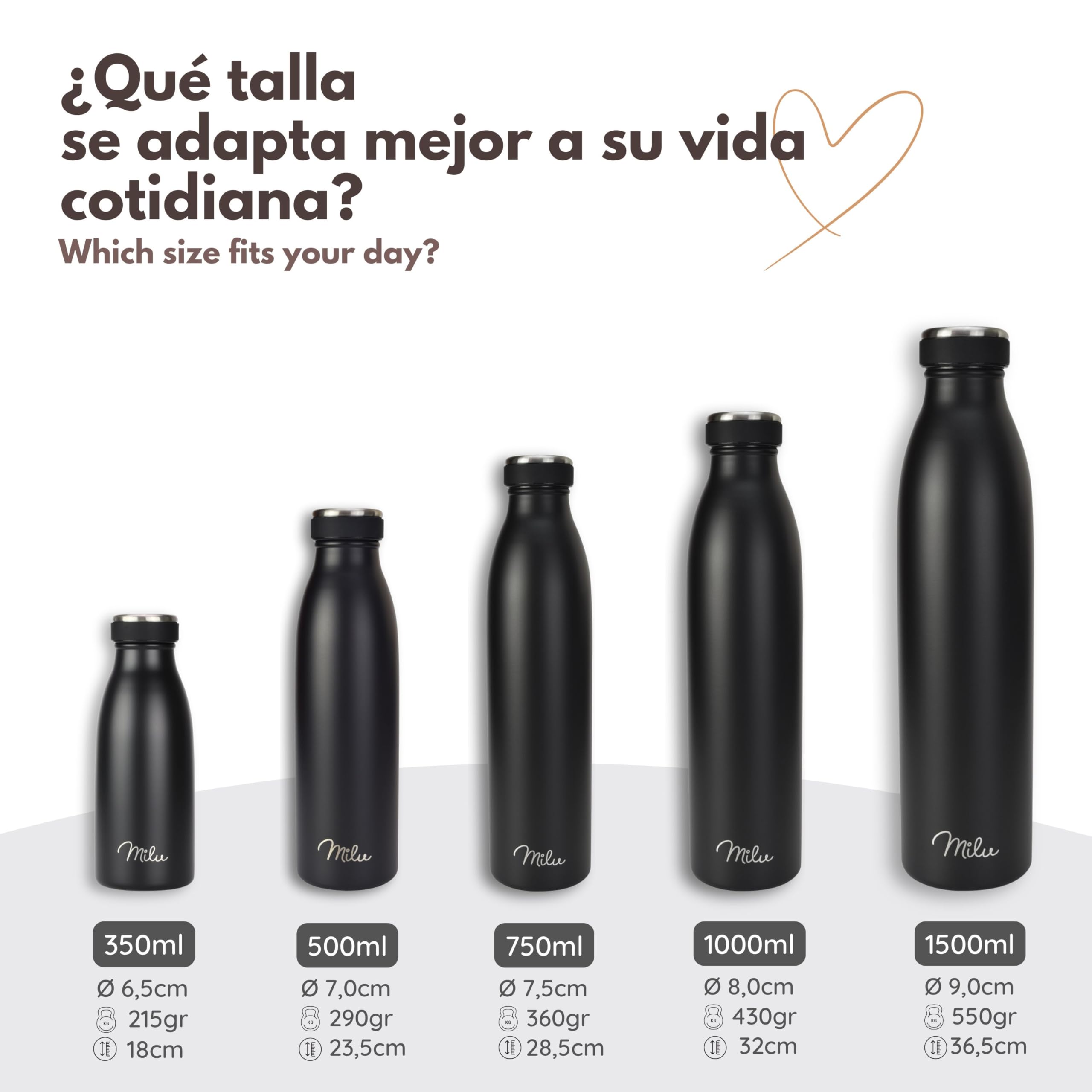 Milu Botella de acero inoxidable 350 ml, 500 ml, 750 ml, 1000 ml, botella de agua aislada, termo a prueba de fugas, apta para ácido carbónico, incluye cepillo de limpieza (granito, 750 ml) — view 6