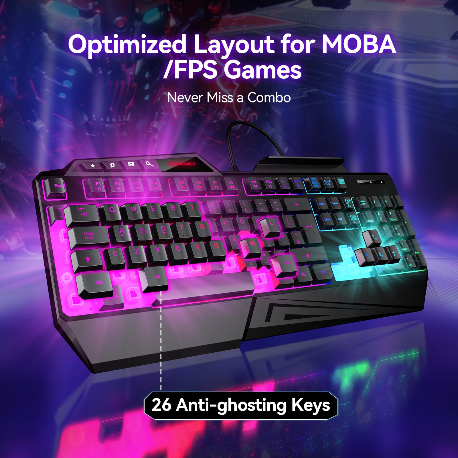 TECKNET Wired Gaming Keyboard, 26-Key Anti-Ghosting RGB Keyboard, Ergonomic Design with Phone Holder & Wrist Rest, Dedicated Shortcut Keys & Spill-Resistant Backlit Keyboards for PC/PS5/Xbox — view 6