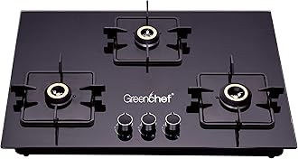 Kelvin Hob Auto Ignition Glass Top Gas Stove (3 Burner), Tempered Glass, Black