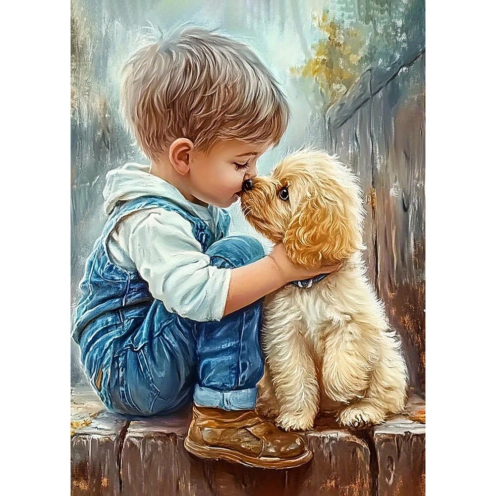 Sanjee Dog and Boy Diamond Painting Kits for Adults, Animal Diamond Art Kits for Beginner, Diamond Dots Paintings 5D DIY Round Full Gem Art Crafts for Home Wall Decor Gift, 12 × 16 Inches