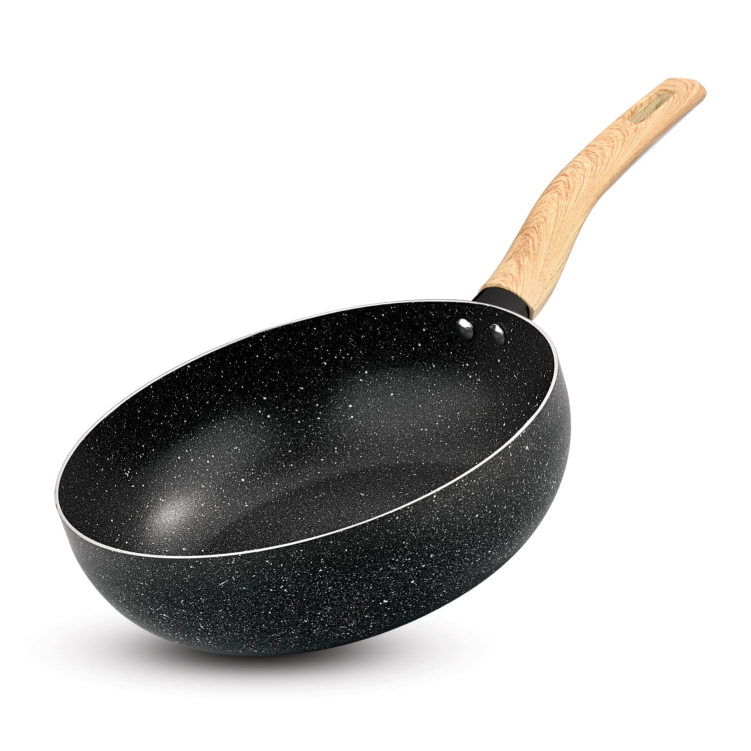 Earth Black Non-Stick 24cm Wok, 3 litres Wok with Long Wooden Finish Soft Touch Handle, 2.5 mm Thickness, Consumes Less Oil, Even Heat Distribution, White Marble Splatter - Induction Bottom