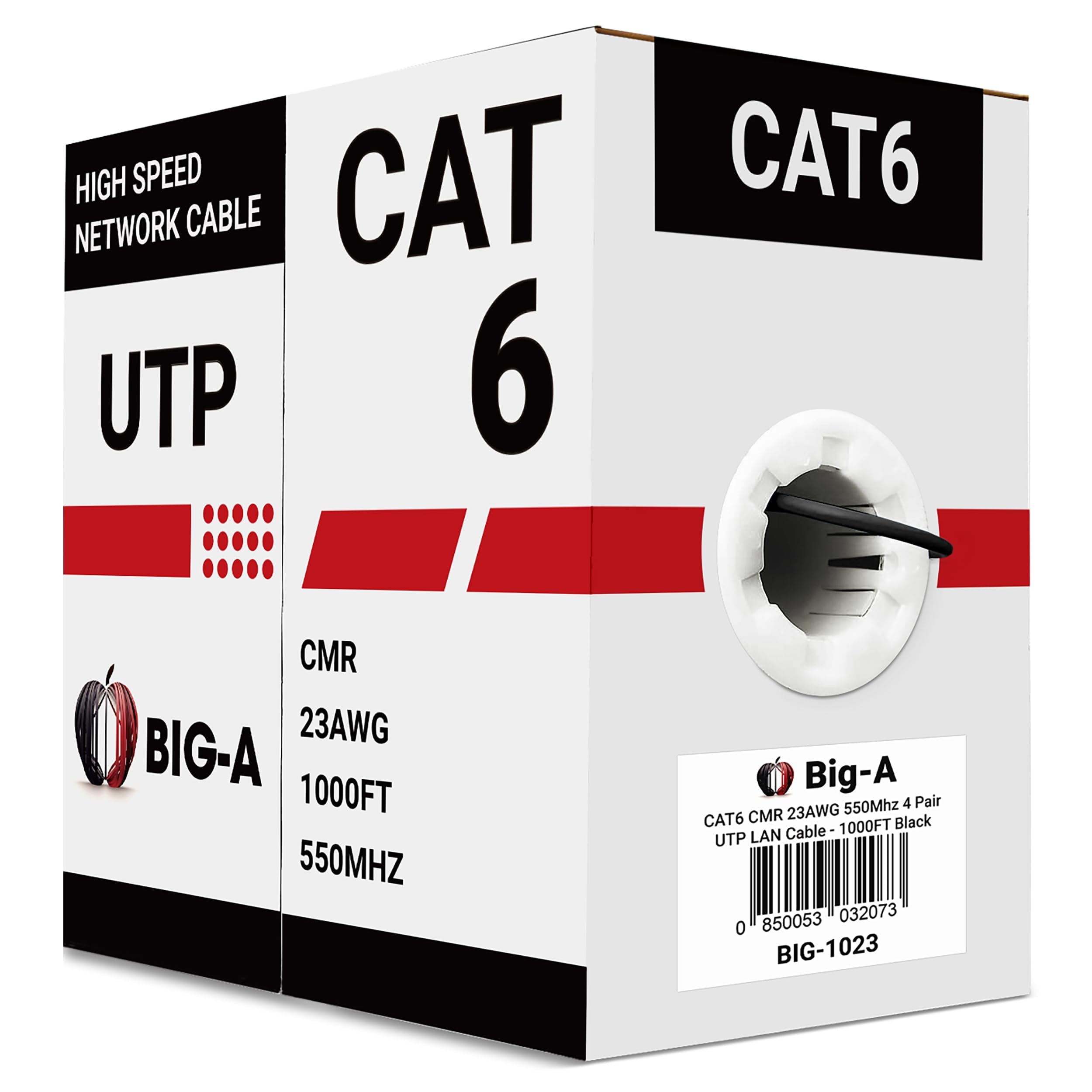 Big-A - Bulk Cat6 Cable 1000ft 23AWG Solid 4 Pair, Cat 6 Ethernet Cable Unshielded Twisted Pair (UTP), (CMR) 550MHz Internet Cable, Pull Box - Black