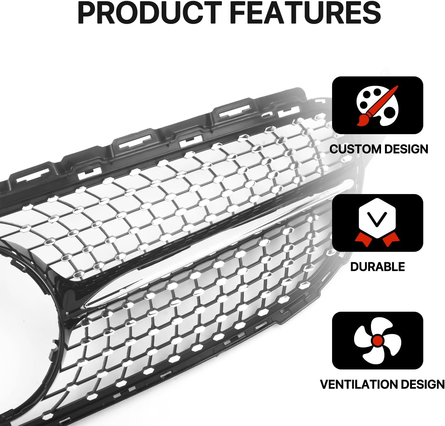 KARPAL Diamond Front Grille Grill Compatible With 2015-2018 Mercedes Benz W205 C-Class C250 C300 C400 (exclude C63 AMG) Diamond Silver
