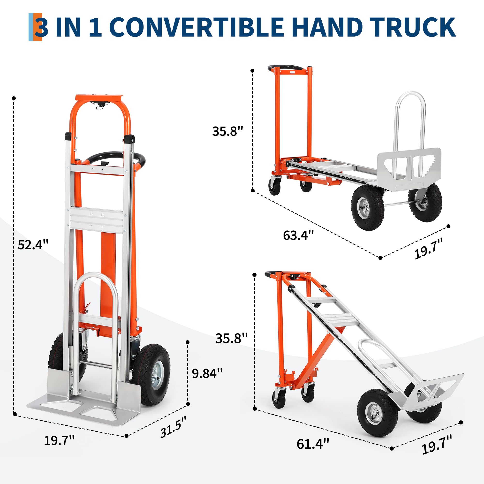 Carro de mano 3 en 1 de alto rendimiento, con capacidad de carga de 362 kg, carro de mano de aluminio con ruedas elevadoras de escaleras, carro para almacenamiento, transporte y mudanzas (rojo y plata