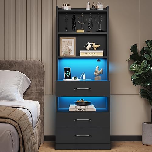 VIAGDO Tall Nightstand with Charging Station and LED Lights, Large Black Night Stand with Bookshelf, Modern LED Bedside Table with 3 Drawers and Storage Shelves, End Side Table for Bedrooms, Dorms - Black - 1 Pack