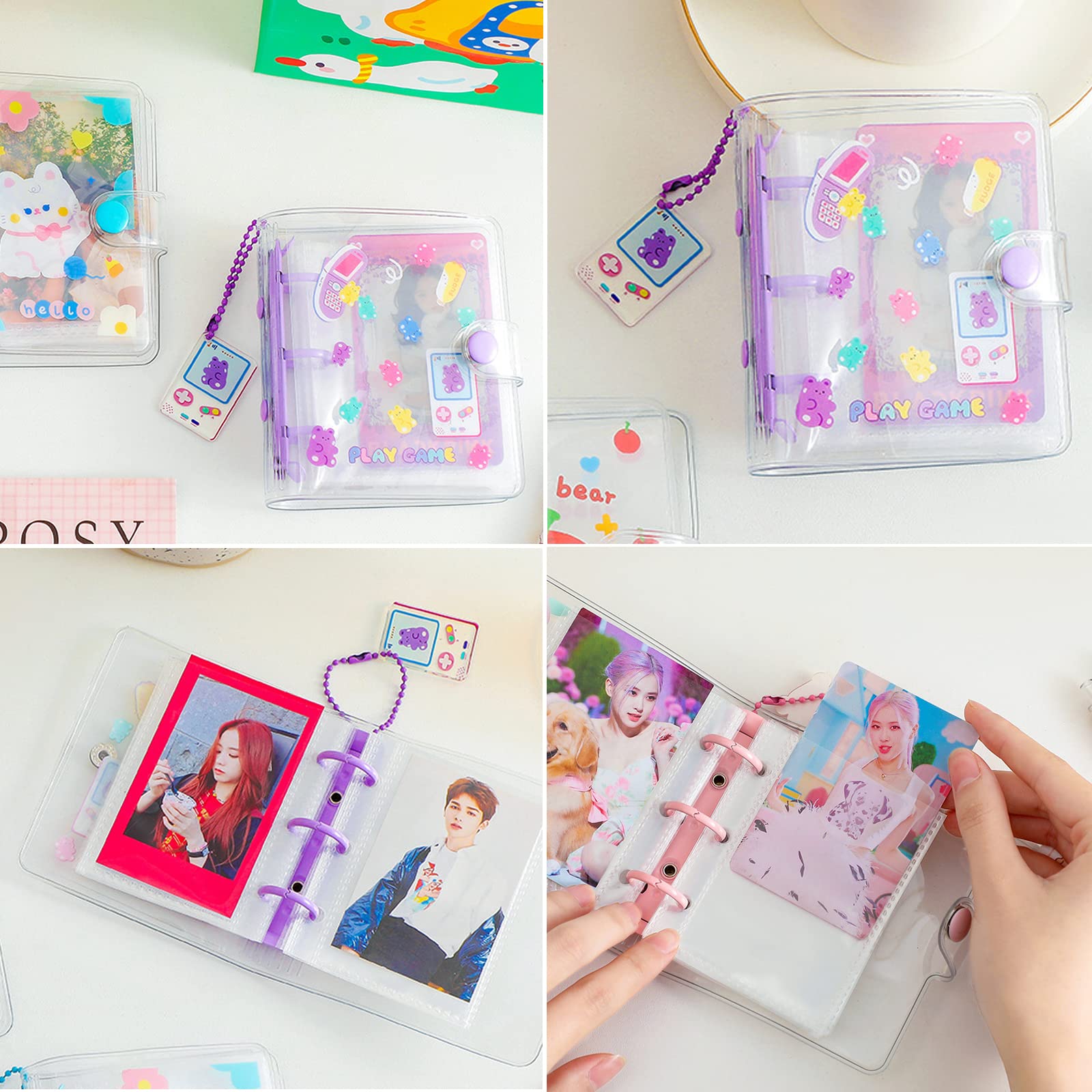 20 Blätter 40 Taschen 3 Zoll Mini Fotoalbum Loseblatt Nachfüllbar 3 Ringe Durchsichtig Fotokarte Binder Kpop Fotokarten Halter Buch mit Anhänger zur Aufbewahrung von Bildkarten (Lila Bären)