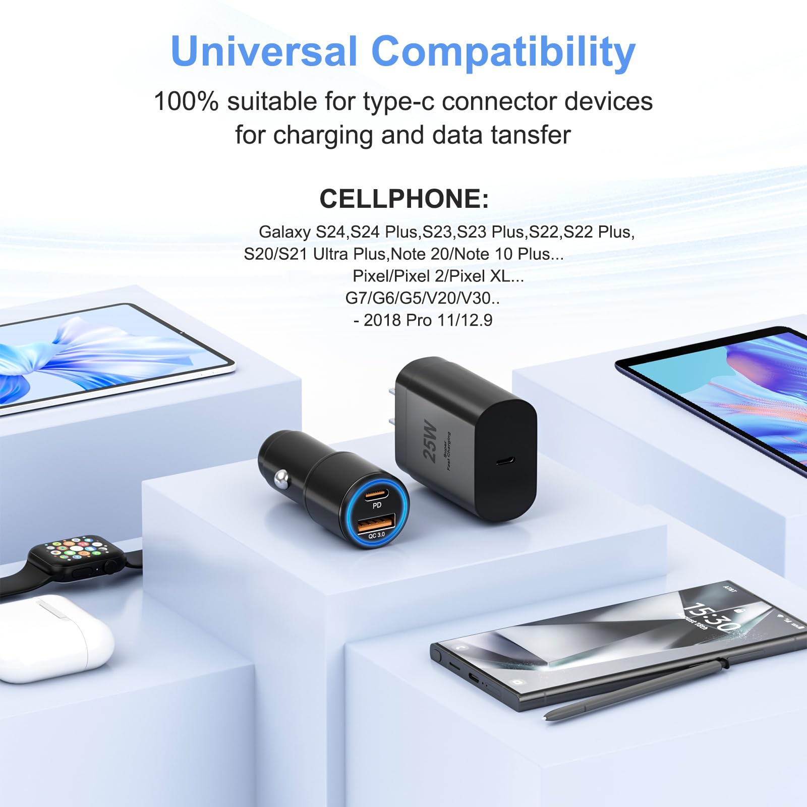 Samsung Super Fast Charger Type C Kit,25W PD USB C Wall/Car Charger for Samsung Galaxy S22/S21/S20/Plus/Ultra/FE/Note 20/10/A71,2020/2018 iPad Pro/Air,with 2X USB C-to-C Cable(5ft)